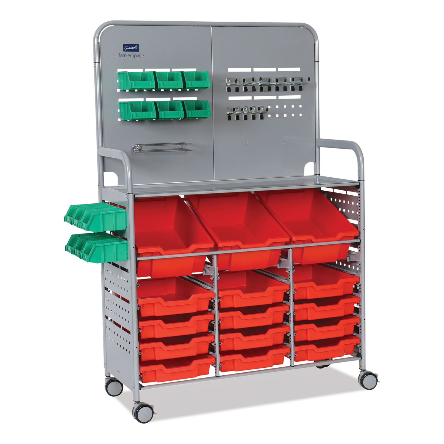 Callero MakerSpace Trolley Set 1, Metal, 1 Shelf, 12 F1 Shallow Bins, 3 F2 Deep Bins, 42.9″ x 17.3″ x 61.8″, Silver/Flame Red