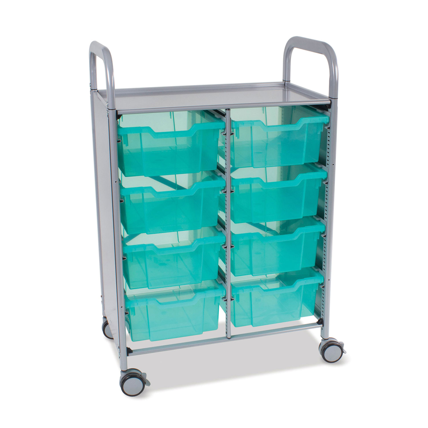 Callero Plus Shield Double Trolley Set 13, Antimicrobial, Metal, 8 F2 Deep Bins, 27.4″ x 17.3″ x 41.5″, Silver/Trans Kiwi