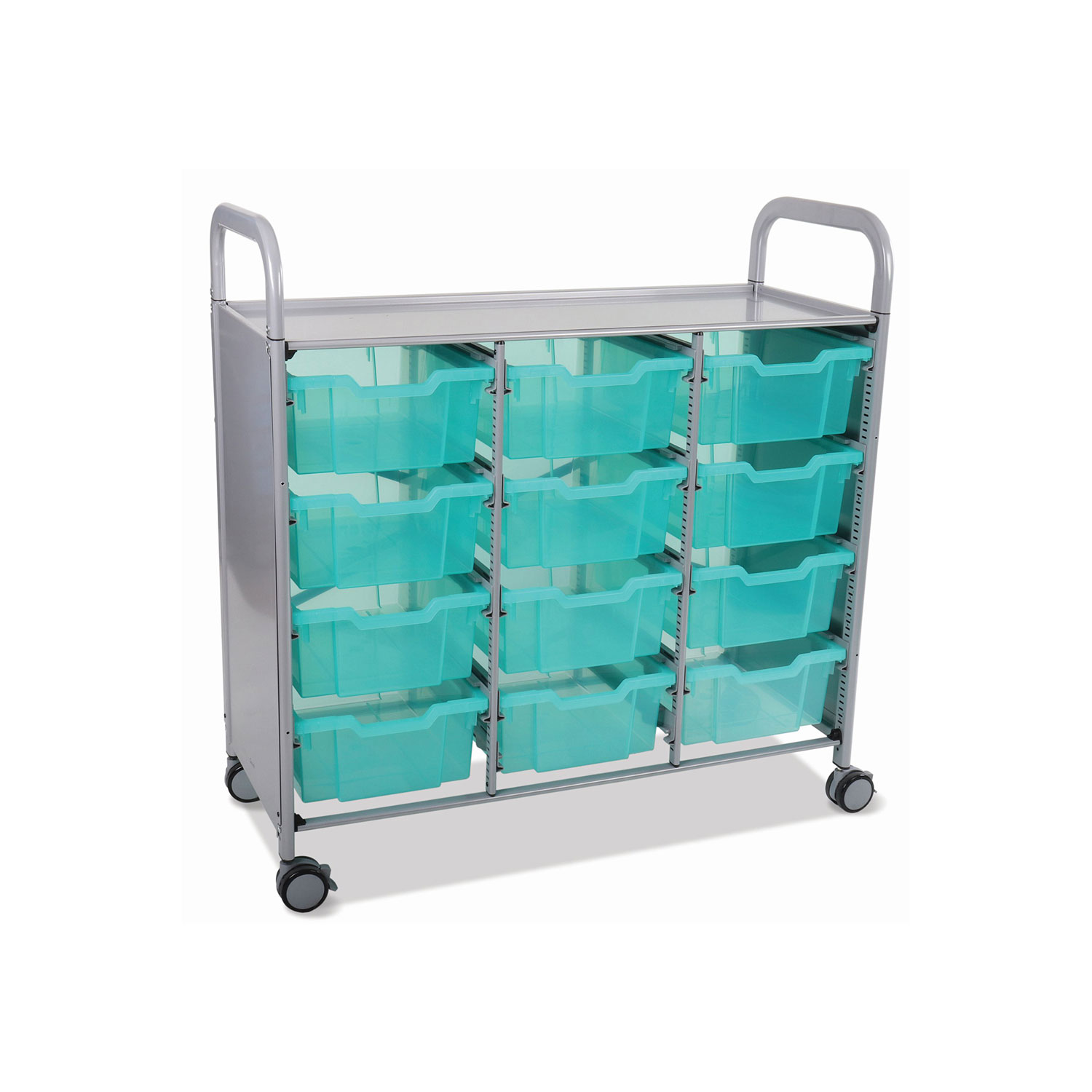 Callero Plus 3-Column Trolley Set 13, Antimicrobial, Metal, 12 F2 Deep Bins, 40.6″ x 17.3″ x 41.5″, Silver/Translucent Kiwi