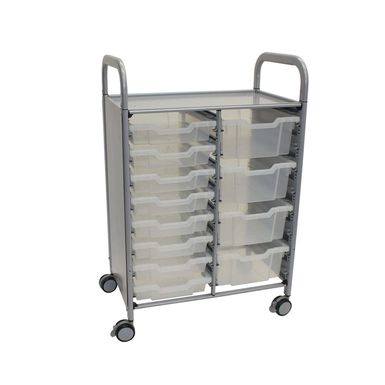 Callero Plus Double Column Trolley Set 18, Metal, 1 Shelf, 8 F1 Bins, 4 F2 Bins, 27.4″ x 17.3″ x 41.5″, Silver/Trans Frost