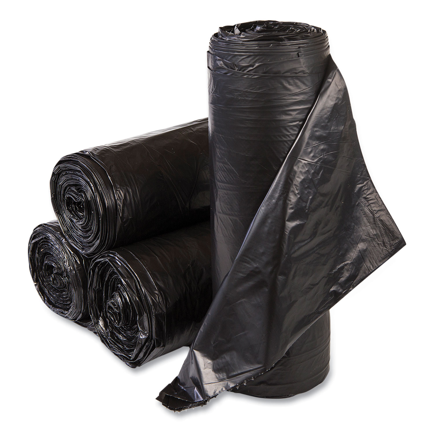 High-Density Commercial Can Liners, 55 gal, 22.1 mic, 36″ x 60″, Black, Interleaved Roll, 25 Bags/Roll, 6 Rolls/Carton