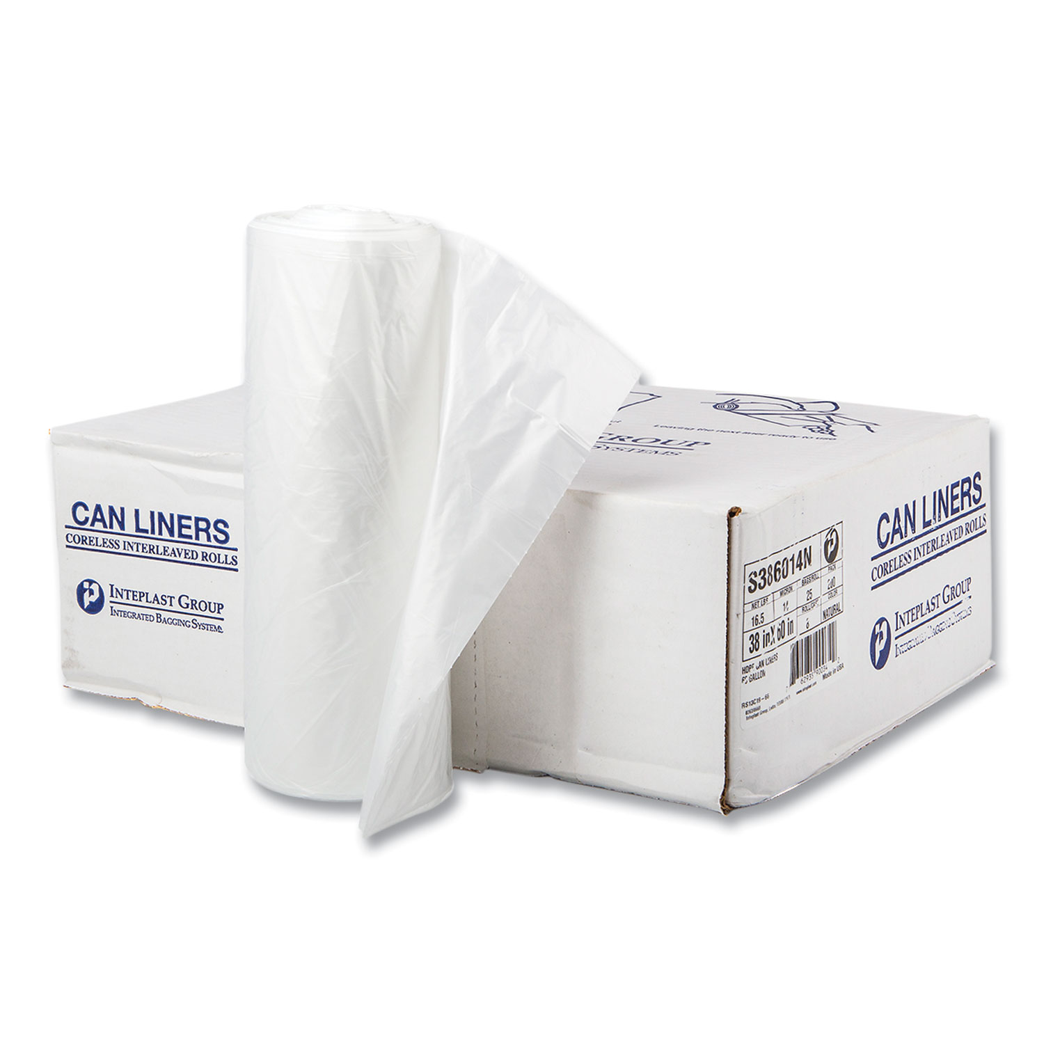 High-Density Commercial Can Liners, 60 gal, 14 mic, 38″ x 60″, Clear, Interleaved Roll, 25 Bags/Roll, 8 Rolls/Carton