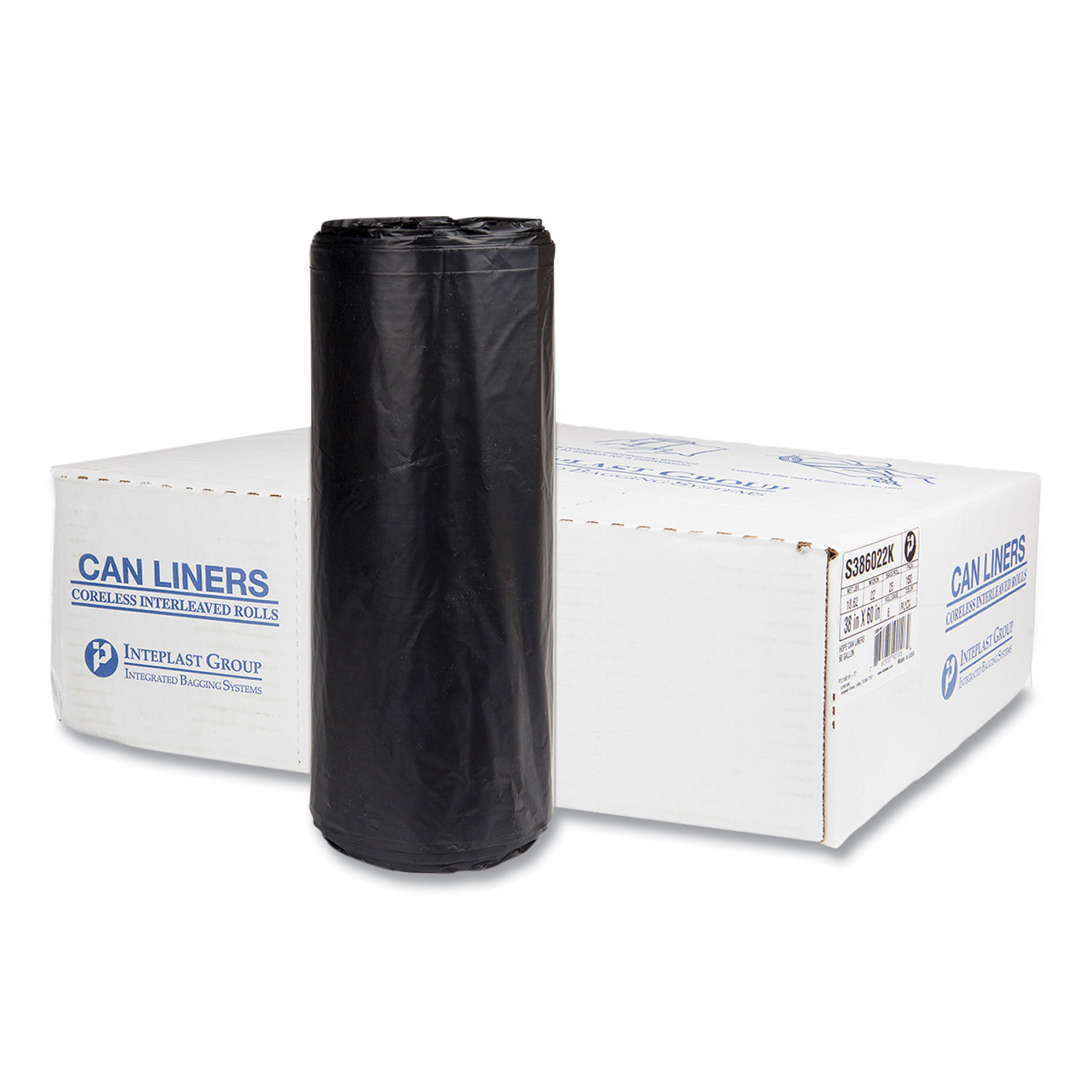 High-Density Commercial Can Liners, 60 gal, 22 mic, 38″ x 60″, Black, Interleaved Roll, 25 Bags/Roll, 6 Rolls/Carton