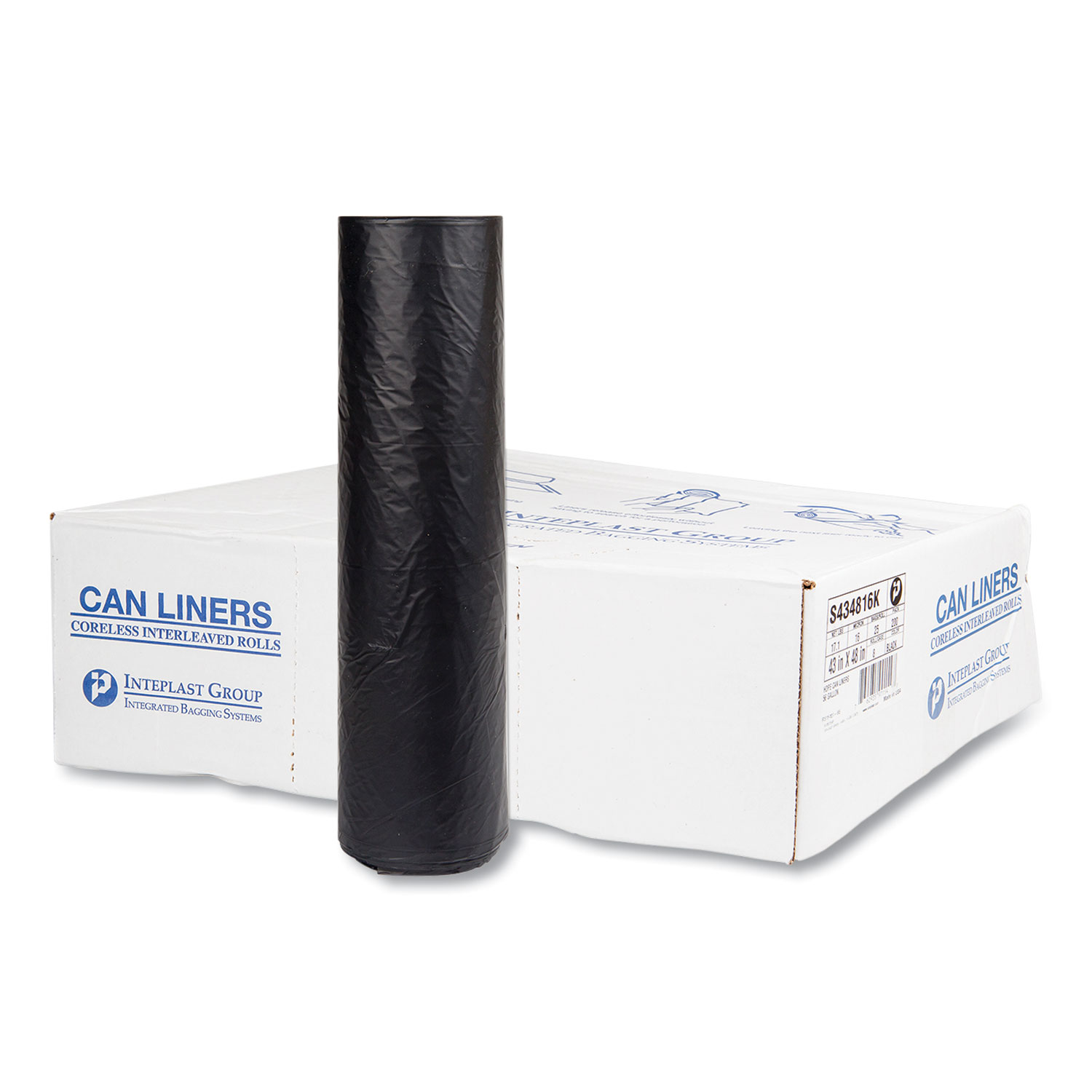 High-Density Commercial Can Liners, 56 gal, 16 mic, 43″ x 48″, Black, Interleaved Roll, 25 Bags/Roll, 8 Rolls/Carton