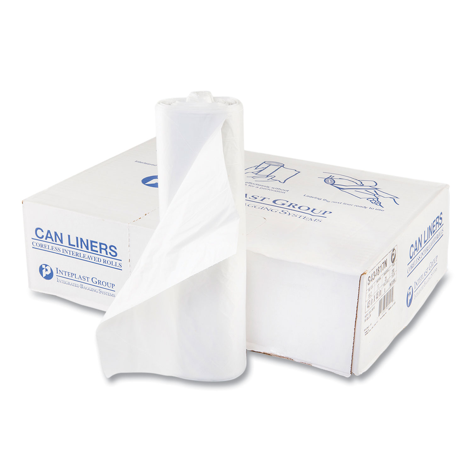 High-Density Commercial Can Liners, 56 gal, 17 mic, 43″ x 48″, Clear, Interleaved Roll, 25 Bags/Roll, 8 Rolls/Carton