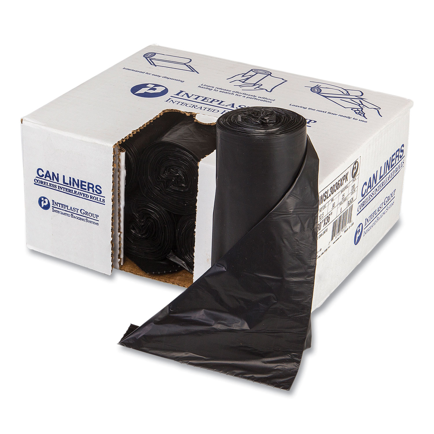 Low-Density Commercial Can Liners, 30 gal, 0.9 mil, 30″ x 36″, Black, Interleaved Roll, 25 Bags/Roll, 8 Rolls/Carton