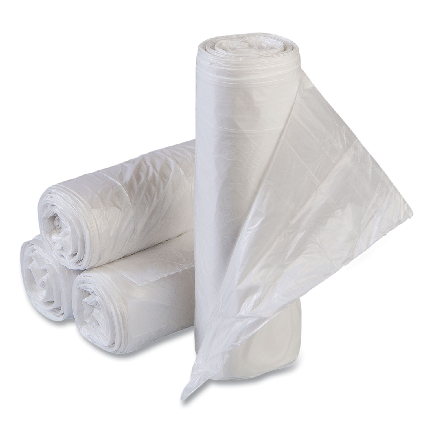 Low-Density Commercial Can Liners, 60 gal, 1.15 mil, 38″ x 58″, Clear, Interleaved Roll, 20 Bags/Roll, 5 Rolls/Carton