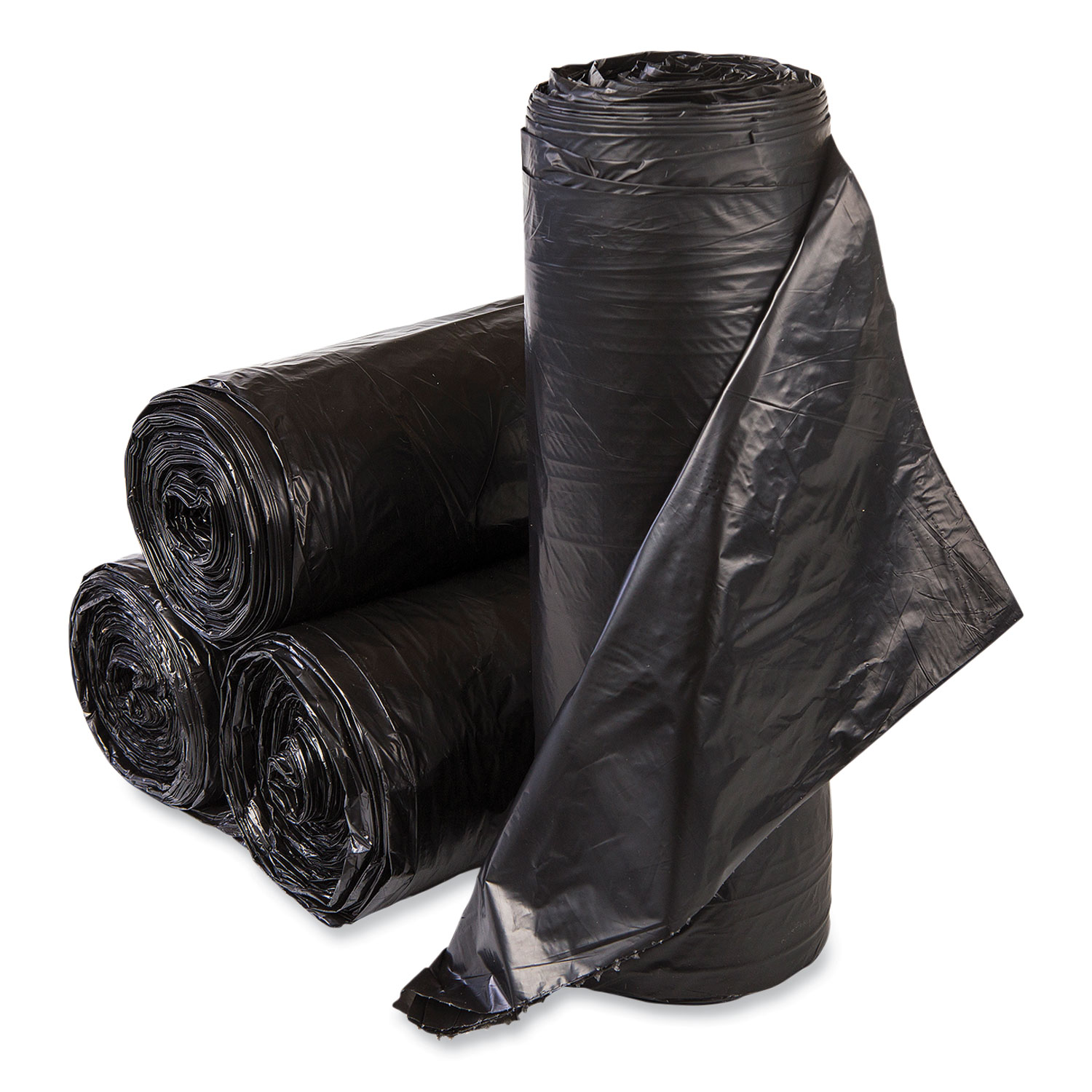 High-Density Commercial Can Liner Value Pack, 60 gal, 19 mic, 38" x 58", Black, Interleaved Roll, 25 Bags/Roll, 6 Rolls/CT