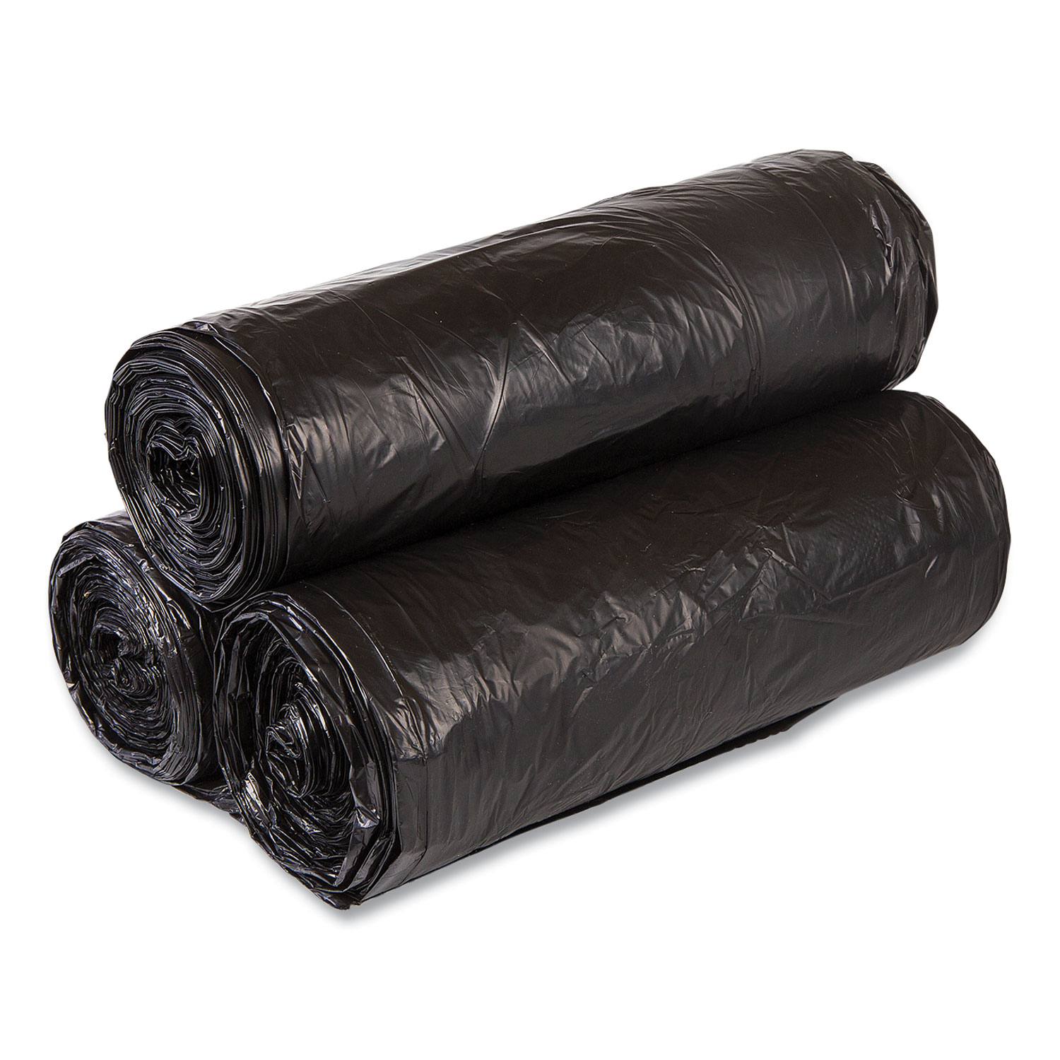 High-Density Commercial Can Liner Value Pack, 56 gal, 19 mic, 43″ x 46″, Black, Interleaved Roll, 25 Bags/Roll, 6 Rolls/CT