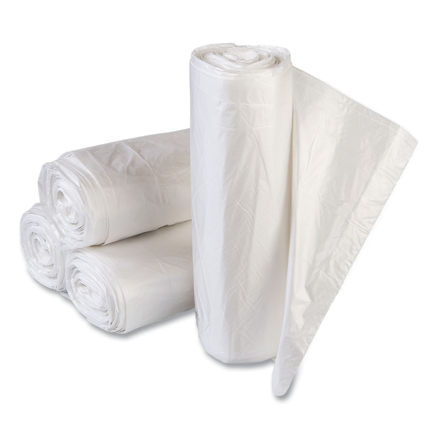 High-Density Commercial Can Liner Value Pack, 60 gal, 14 mic, 43″ x 46″, Clear, Interleaved Roll, 25 Bags/Roll, 8 Rolls/CT