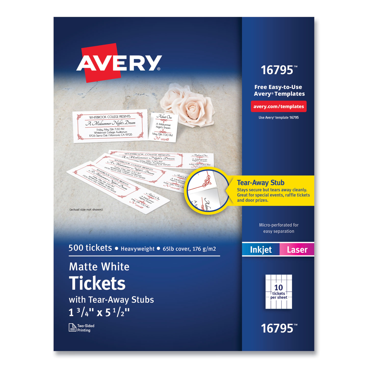 Printable Tickets with Tear-Away Stubs, 97 Bright, 65 lb Cover Weight, 8.5 x 11, White, 10 Tickets/Sheet, 50 Sheets/Pack