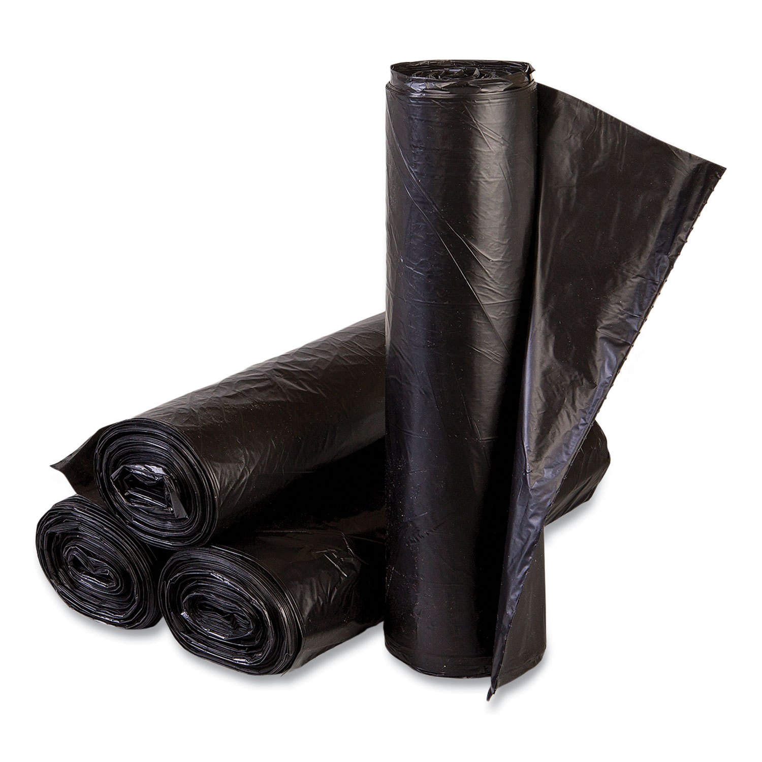 High-Density Commercial Can Liners, 10 gal, 6 mic, 24″ x 24″, Black, Perforated Roll, 50 Bags/Roll, 20 Rolls/Carton