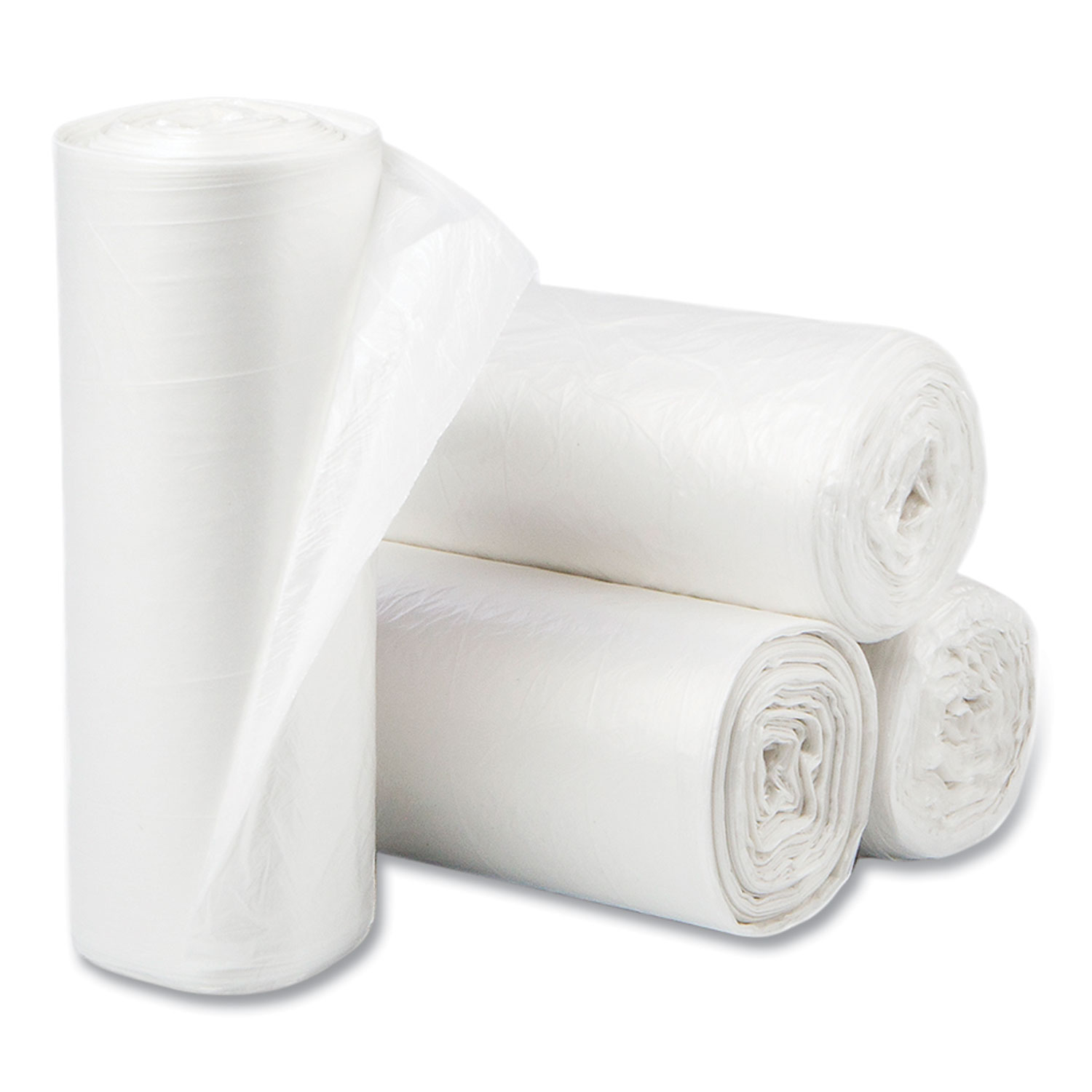 High-Density Commercial Can Liners, 60 gal, 12 mic, 38" x 60", Clear, Interleaved Roll, 25 Bags/Roll, 8 Rolls/Carton