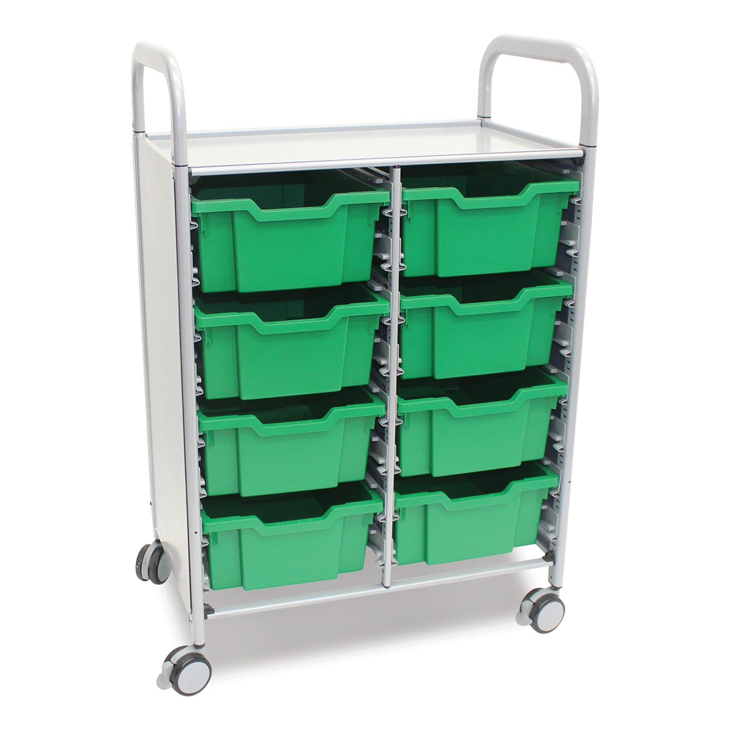 Callero Plus Double Column Trolley Set 13, Metal, 1 Shelf, 8 F2 Deep Bins, 27.4″ x 17.3″ x 41.5″, Silver/Grass Green