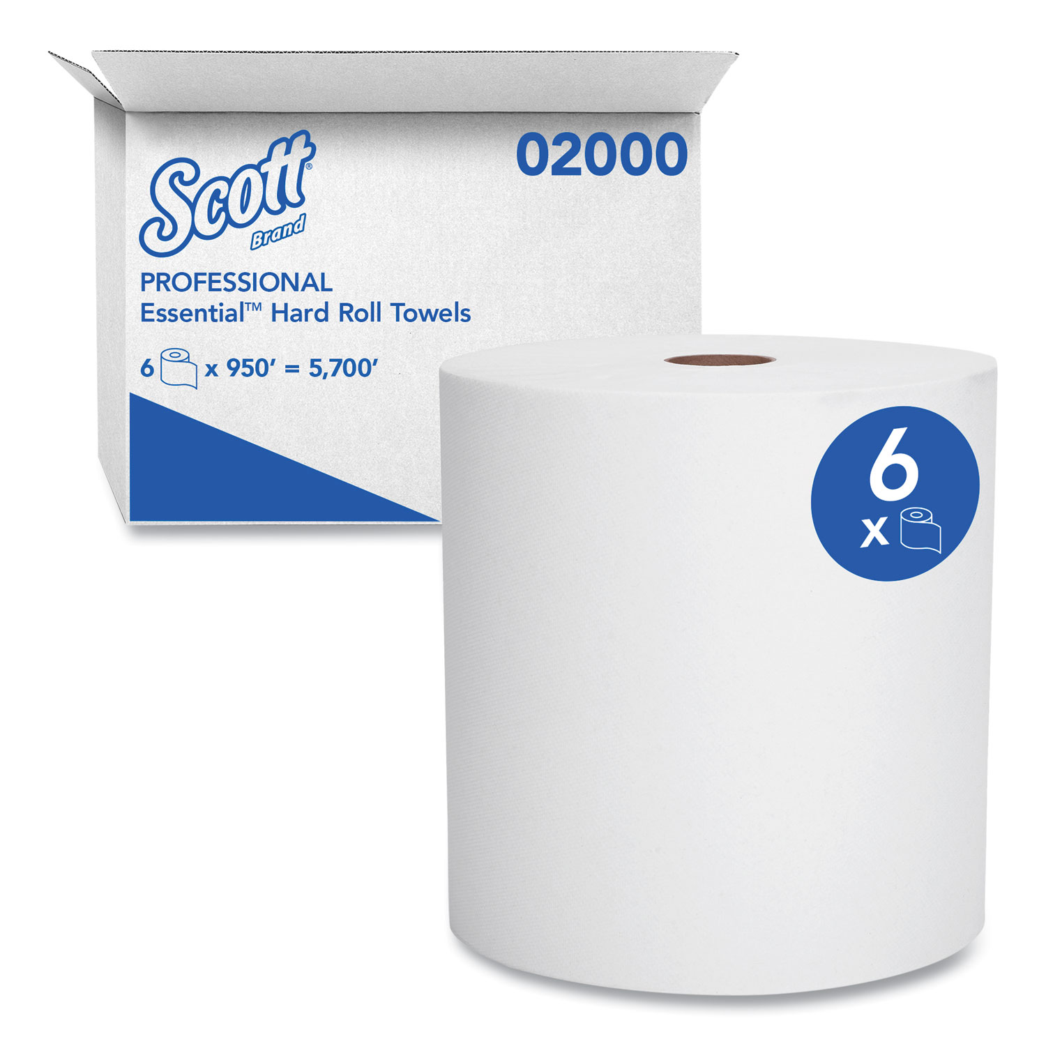 Scott® Essential High Capacity Hard Roll Paper Towels (02000), 1.75 Core,  White, Compact Case for Easy Storage, (6 Rolls/Case, 950'/Roll, 5,700'/Case)