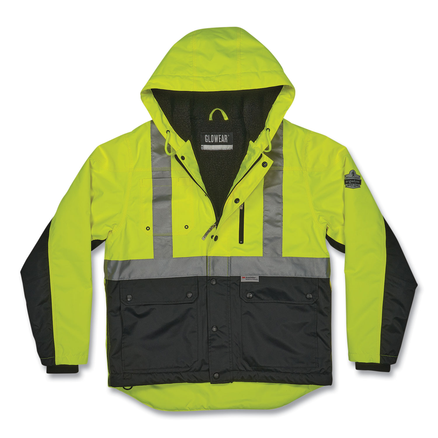 GloWear 8275 Class 2 Heavy-Duty Hi-Vis Workwear Sherpa Lined Jacket, Medium, Lime