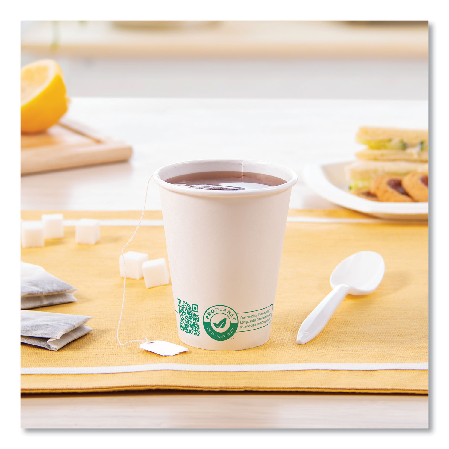 Compostable Paper Hot Cups, ProPlanet Seal, 8 oz, White/Green, 50/Pack