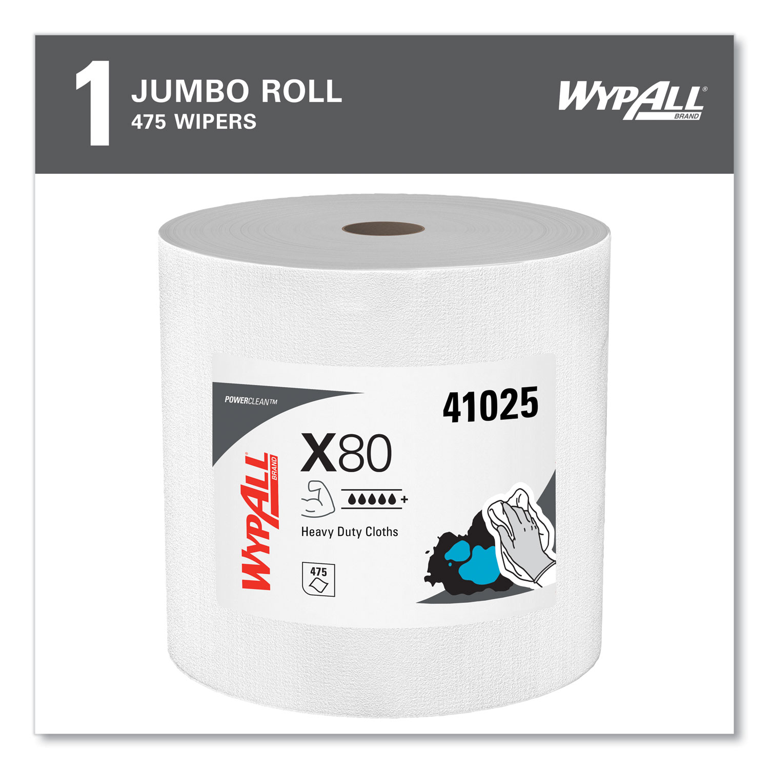 Power Clean X80 Heavy Duty Cloths, Jumbo Roll, 12.4 x 12.2, White, 475/Roll