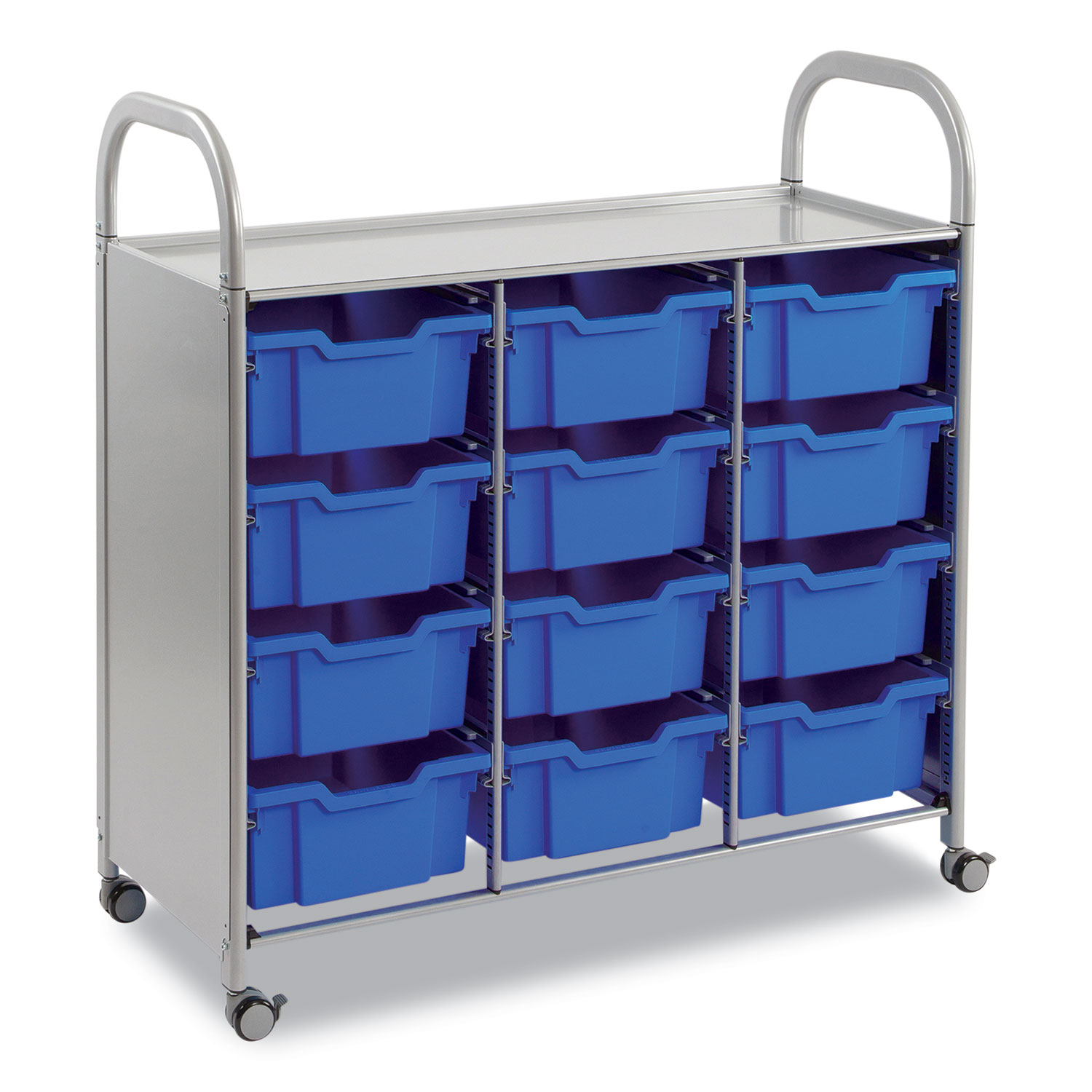 Callero Plus Treble Column Trolley Set 13, Metal, 1 Shelf, 12 F2 Deep Bins, 40.6″ x 17.3″ x 41.5″, Silver/Royal Blue