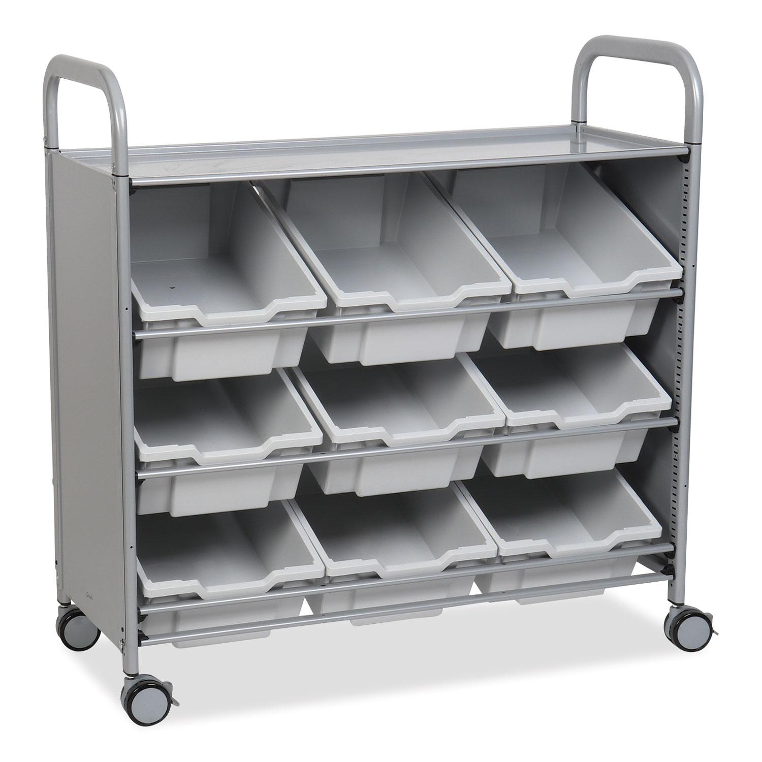 Callero Tilted Tray Trolley Set 01, Metal, 1 Shelf, 9 F2 Deep Bins, 40.6″ x 17.3″ x 41.5″, Silver/Light Gray