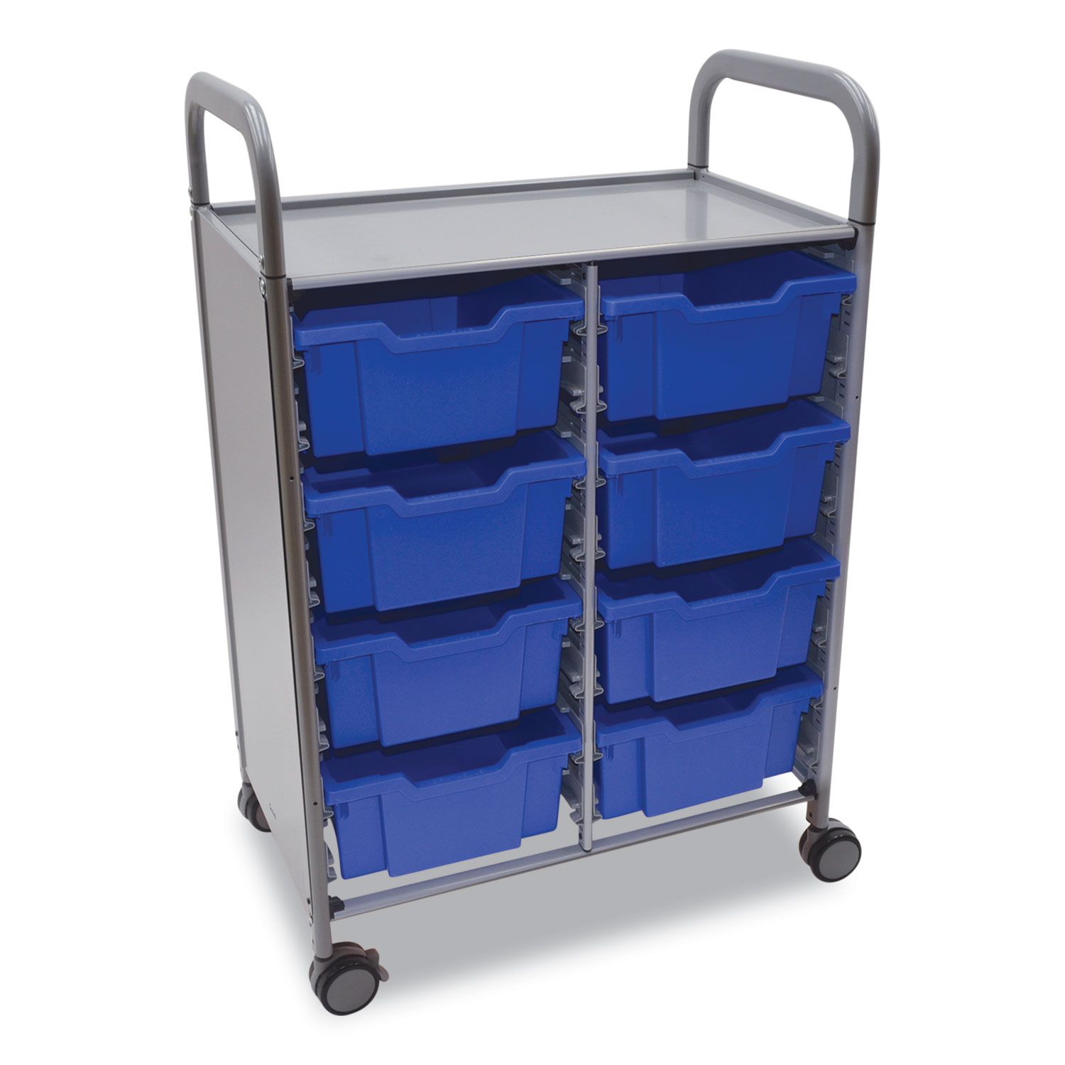 Callero Plus Double Column Trolley Set 13, Metal, 1 Shelf, 8 F2 Deep Bins, 27.4″ x 17.3″ x 41.5″, Silver/Royal Blue