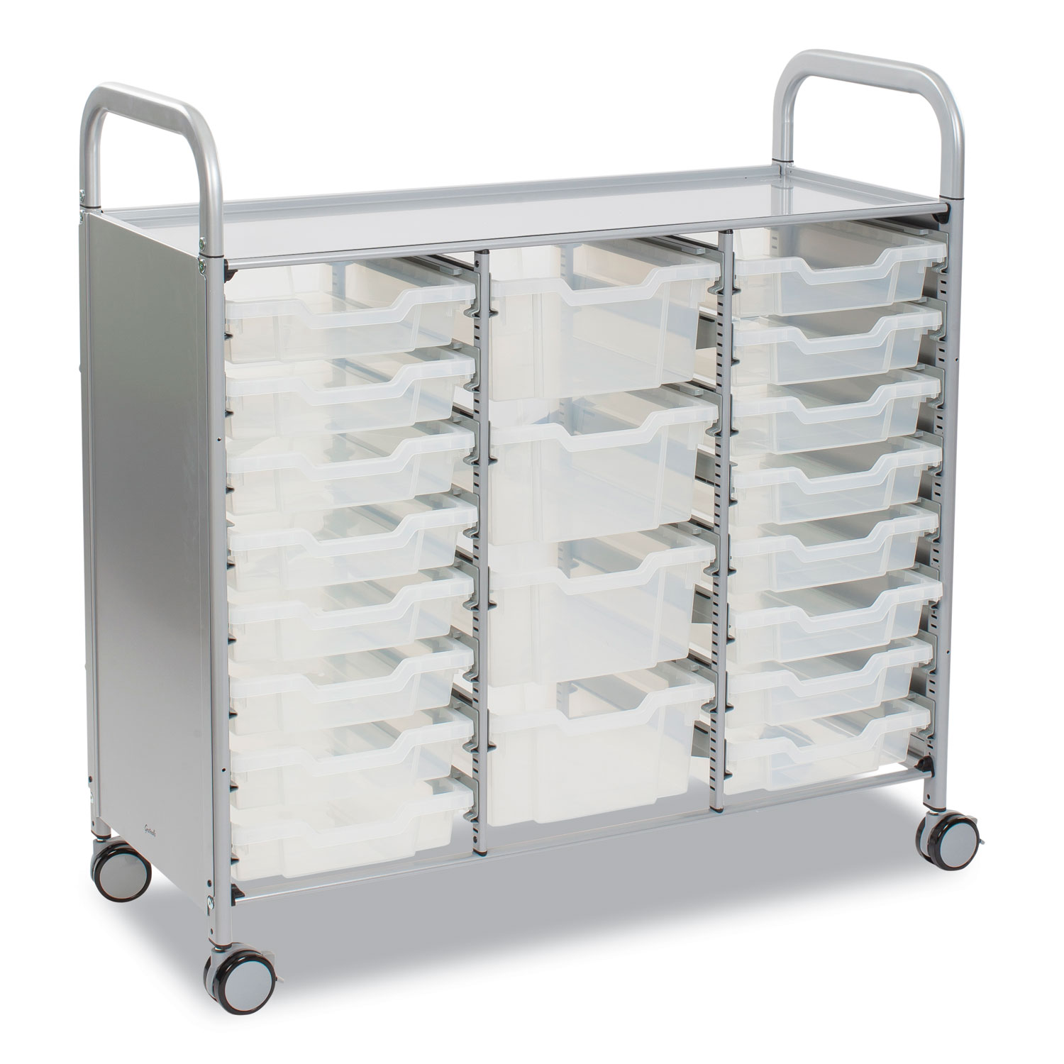 Callero Plus Treble Column Trolley Set 17, Metal, 1 Shelf, 16 F1 Bins, 4 F2 Bins, 40.6″ x 17.3″ x 41.5″, Silver/Trans Frost