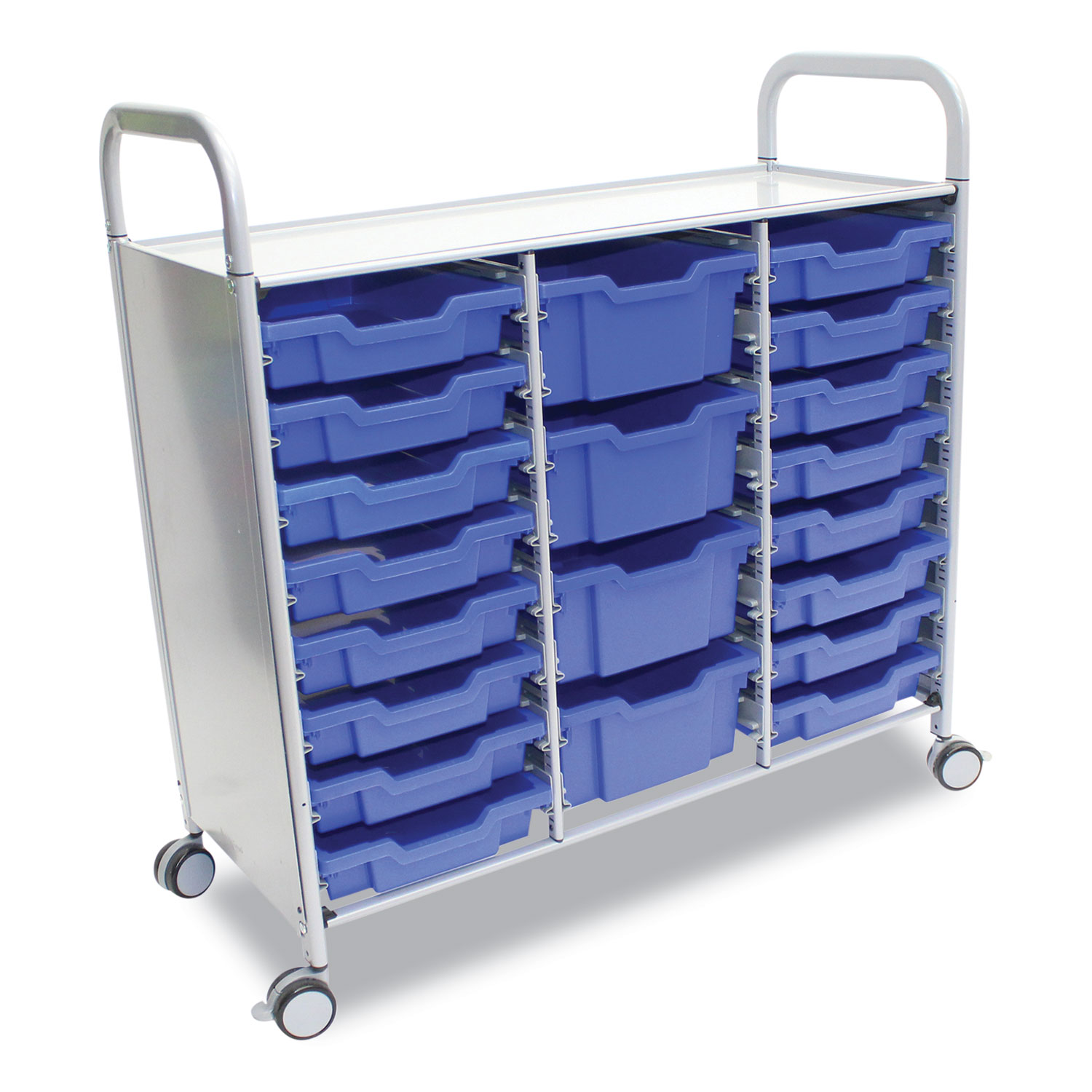 Callero Plus Treble Column Trolley Set 17, Metal, 1 Shelf, 16 F1 Bins, 4 F2 Bins, 40.6″ x 17.3″ x 41.5″, Silver/Royal Blue