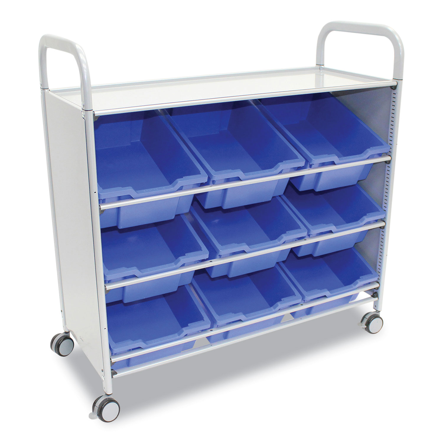 Callero Tilted Tray Trolley Set 01, Metal, 1 Shelf, 9 F2 Deep Bins, 40.6″ x 17.3″ x 41.5″, Silver/Royal Blue