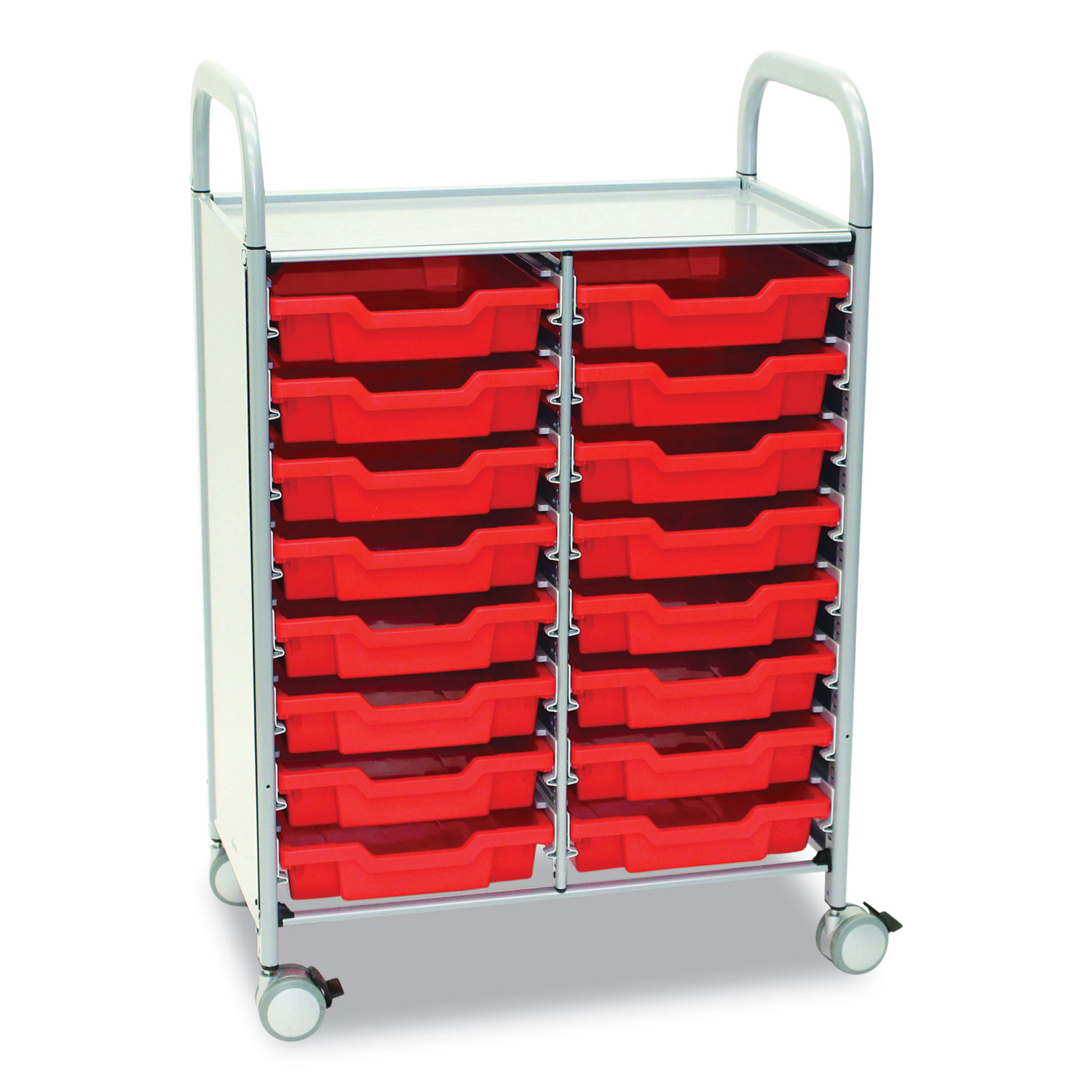 Callero Plus Double Column Trolley Set 05, Metal, 1 Shelf, 16 F1 Shallow Bins, 27.4″ x 17.3″ x 41.5″, Silver/Flame Red