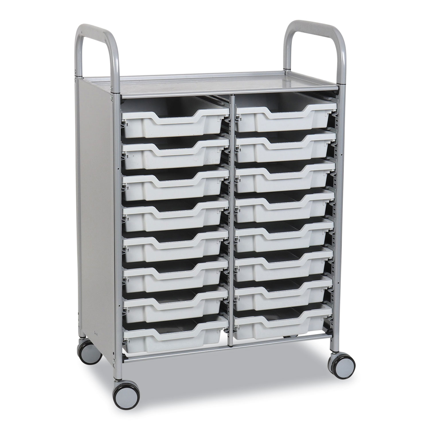 Callero Plus Double Column Trolley Set 05, Metal, 1 Shelf, 16 F1 Shallow Bins, 27.4″ x 17.3″ x 41.5″, Silver/Light Gray