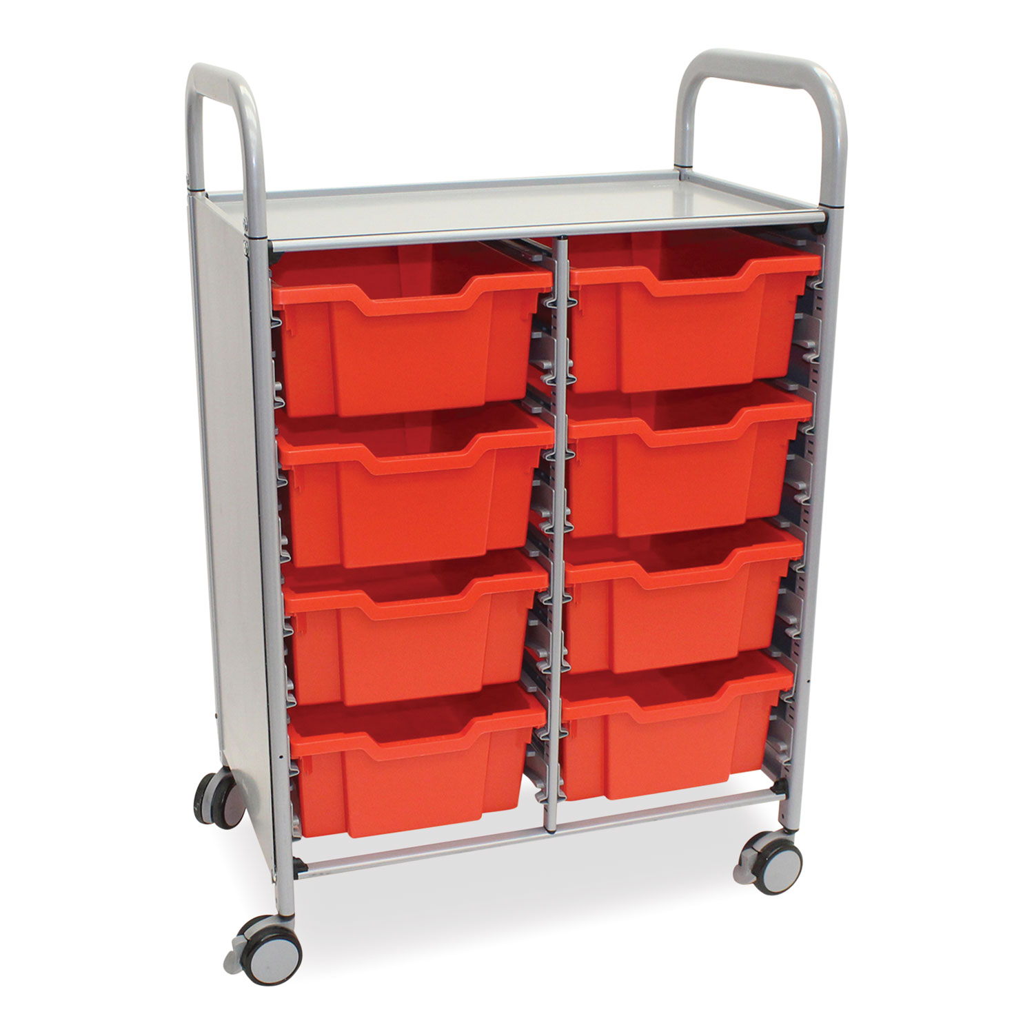 Callero Plus Double Column Trolley Set 13, Metal, 1 Shelf, 8 F2 Deep Bins, 27.4″ x 17.3″ x 41.5″, Silver/Flame Red