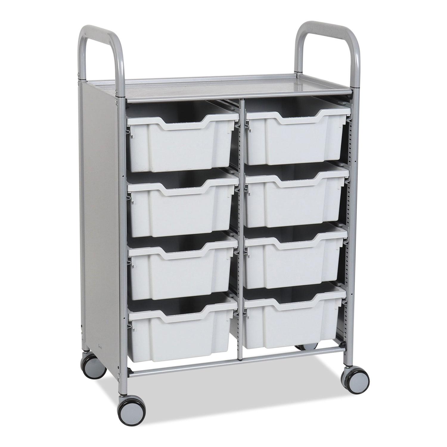 Callero Plus Double Column Trolley Set 13, Metal, 1 Shelf, 8 F2 Deep Bins, 27.4″ x 17.3″ x 41.5″, Silver/Light Gray