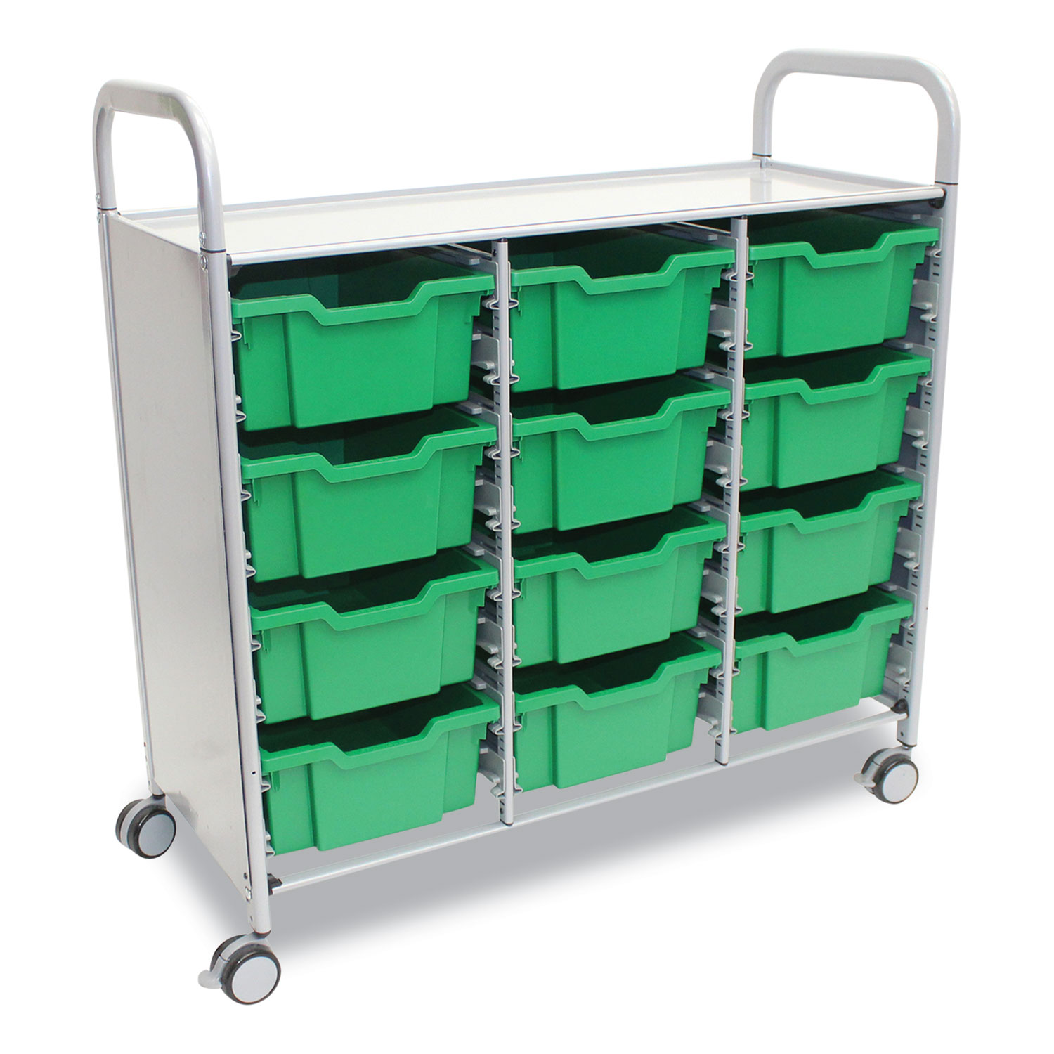 Callero Plus Treble Column Trolley Set 13, Metal, 1 Shelf, 12 F2 Deep Bins, 40.6″ x 17.3″ x 41.5″, Silver/Grass Green