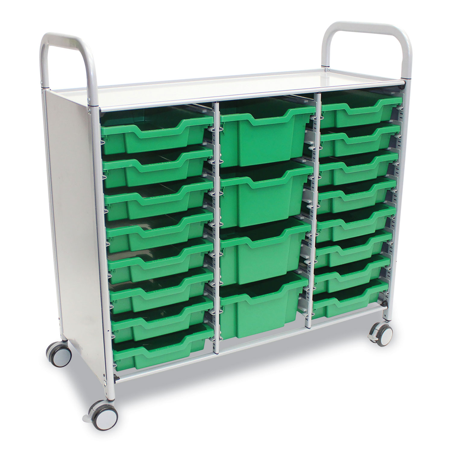 Callero Plus Treble Column Trolley Set 17, Metal, 1 Shelf, 16 F1 Bins, 4 F2 Bins, 40.6″ x 17.3″ x 41.5″, Silver/Grass Green