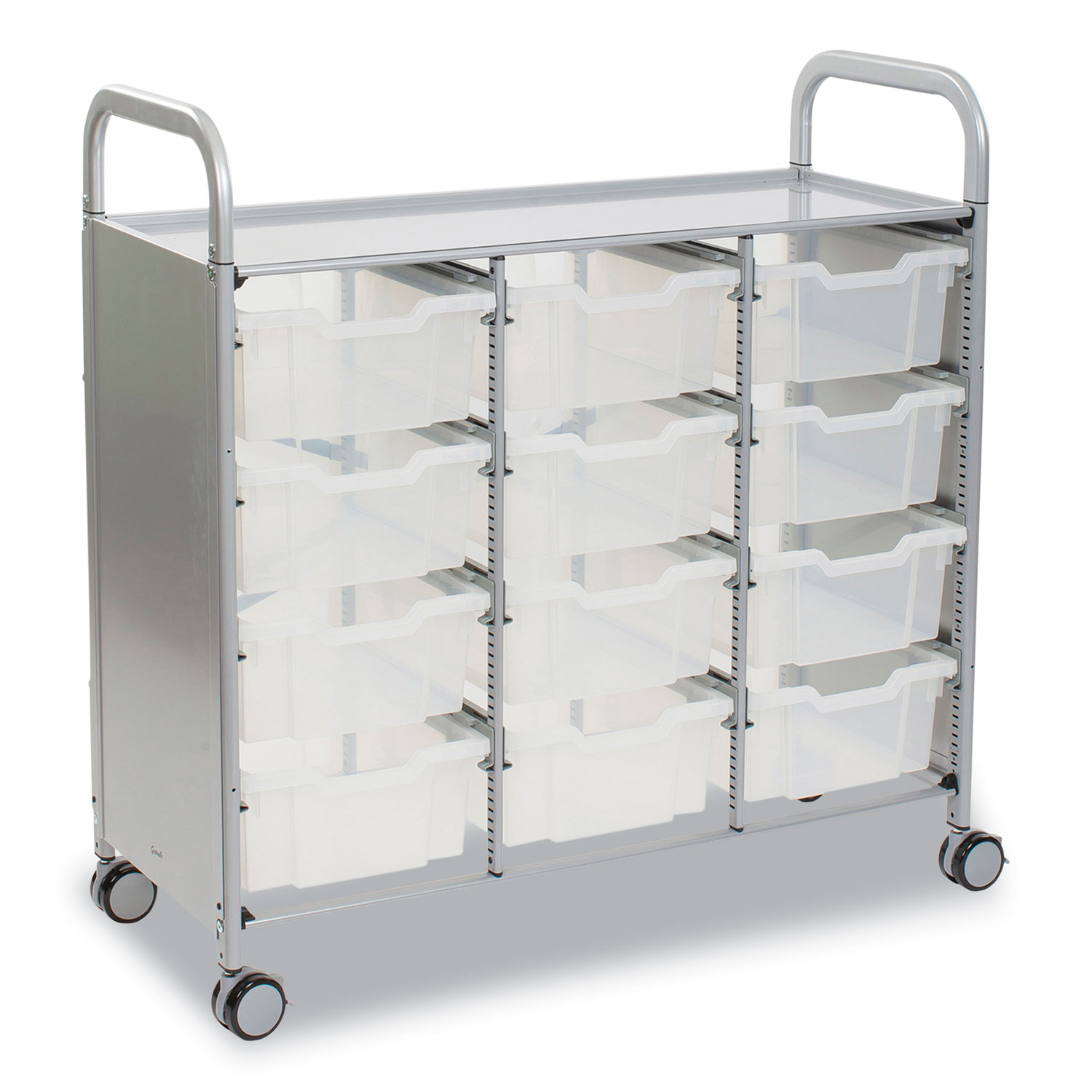 Callero Plus Treble Column Trolley Set 13, Metal, 1 Shelf, 12 F2 Deep Bins, 40.6″ x 17.3″ x 41.5″, Silver/Translucent Frost