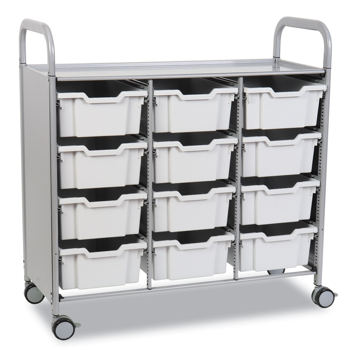 Callero Plus Treble Column Trolley Set 13, Metal, 1 Shelf, 12 F2 Deep Bins, 40.6″ x 17.3″ x 41.5″, Silver/Light Gray