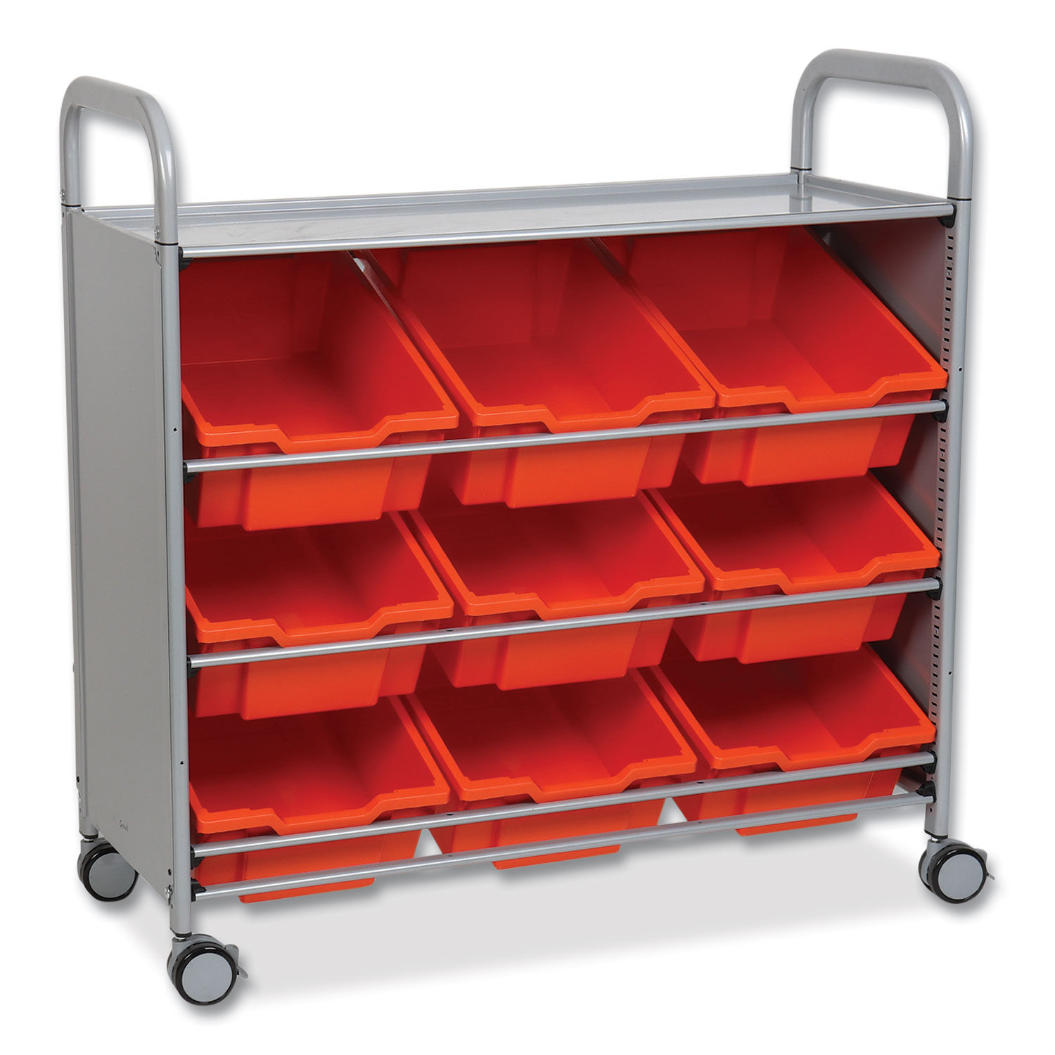 Callero Tilted Tray Trolley Set 01, Metal, 1 Shelf, 9 F2 Deep Bins, 40.6″ x 17.3″ x 41.5″, Silver/Flame Red