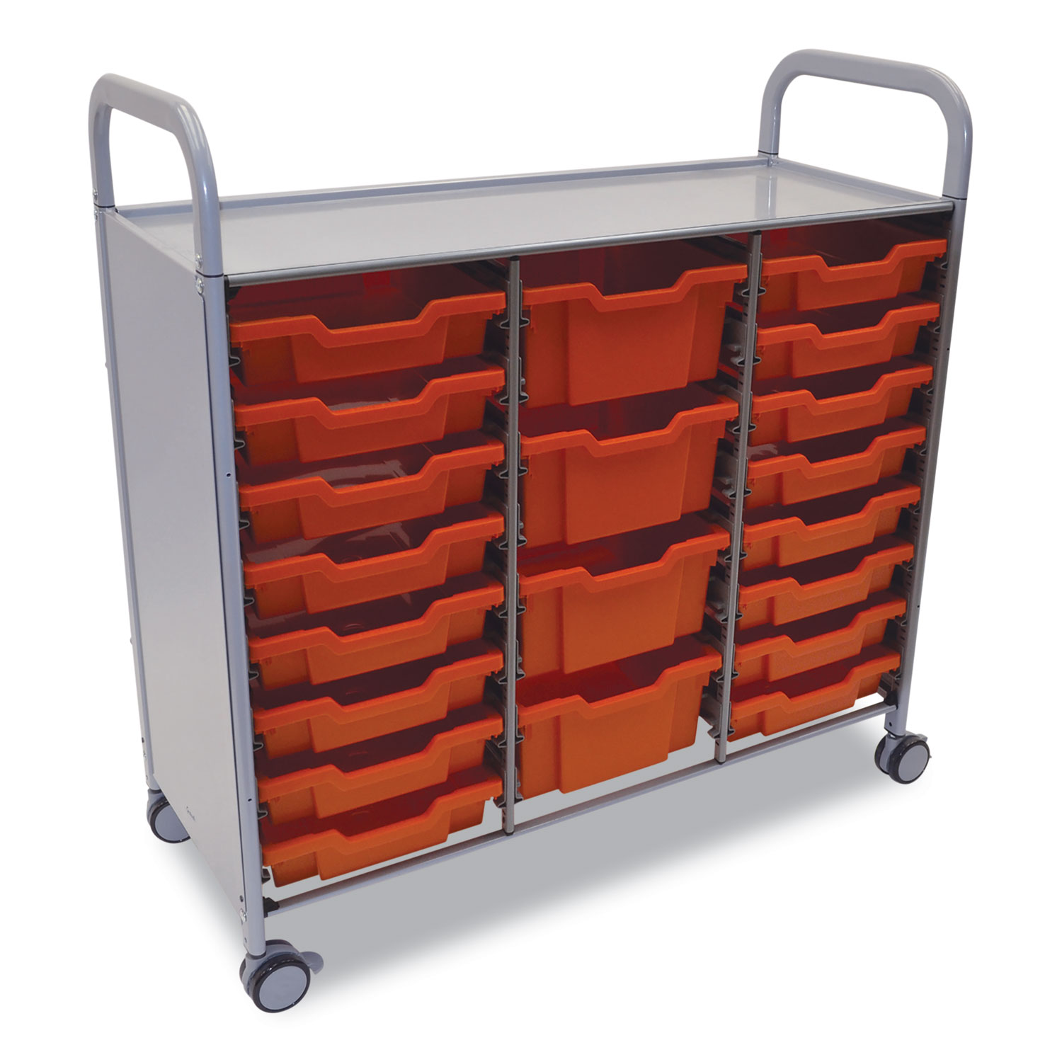 Callero Plus Treble Column Trolley Set 17, Metal, 1 Shelf, 16 F1 Bins, 4 F2 Bins, 40.6″ x 17.3″ x 41.5″, Silver/Flame Red