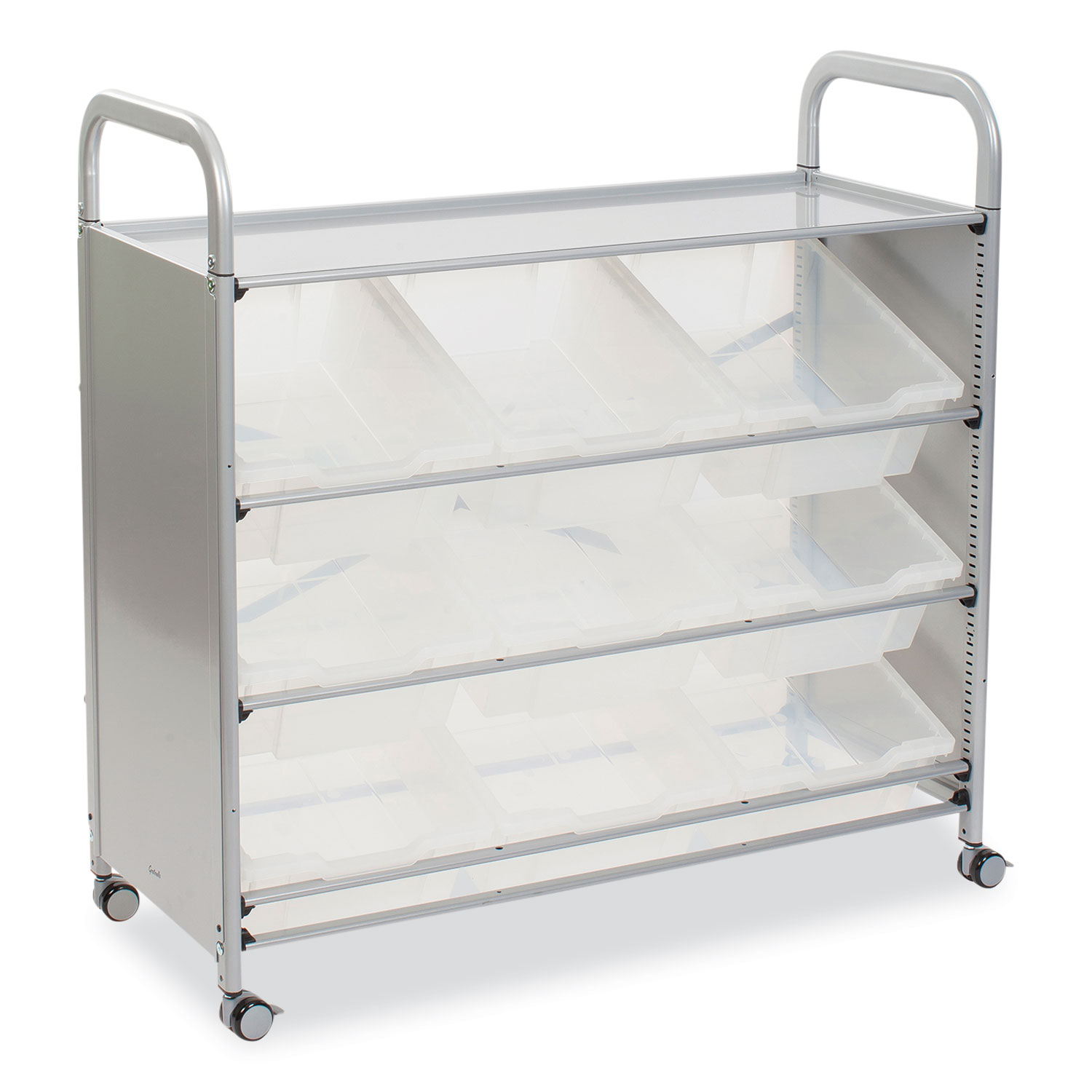 Callero Tilted Tray Trolley Set 01, Metal, 1 Shelf, 9 F2 Deep Bins, 40.6″ x 17.3″ x 41.5″, Silver/Translucent Frost