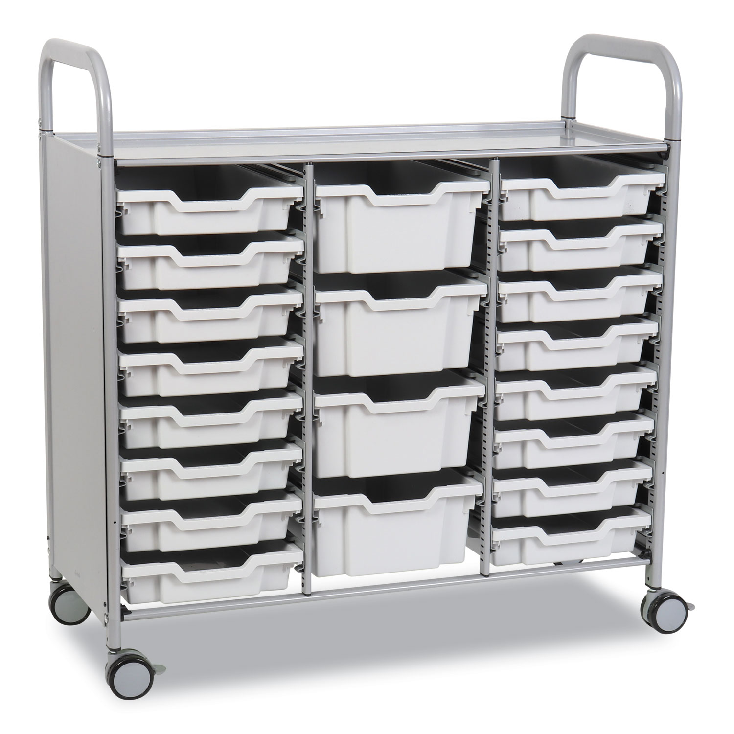 Callero Plus Treble Column Trolley Set 17, Metal, 1 Shelf, 16 F1 Bins, 4 F2 Bins, 40.6″ x 17.3″ x 41.5″, Silver/Light Gray