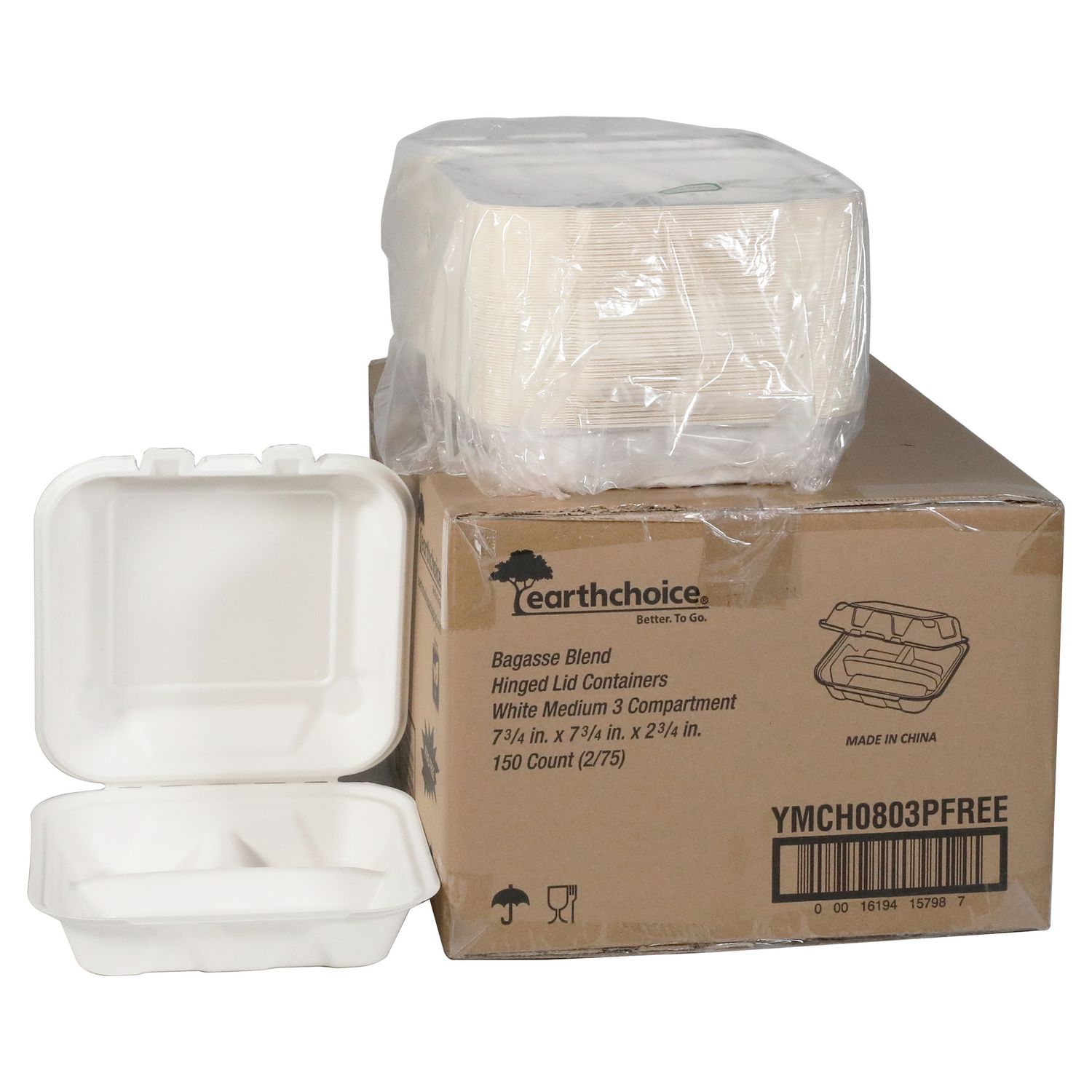 EarthChoice PFAS Free Compostable Hinged Lid Container, 3-Compartment, 8 x 8 x 3, Natural, Sugarcane, 150/Carton