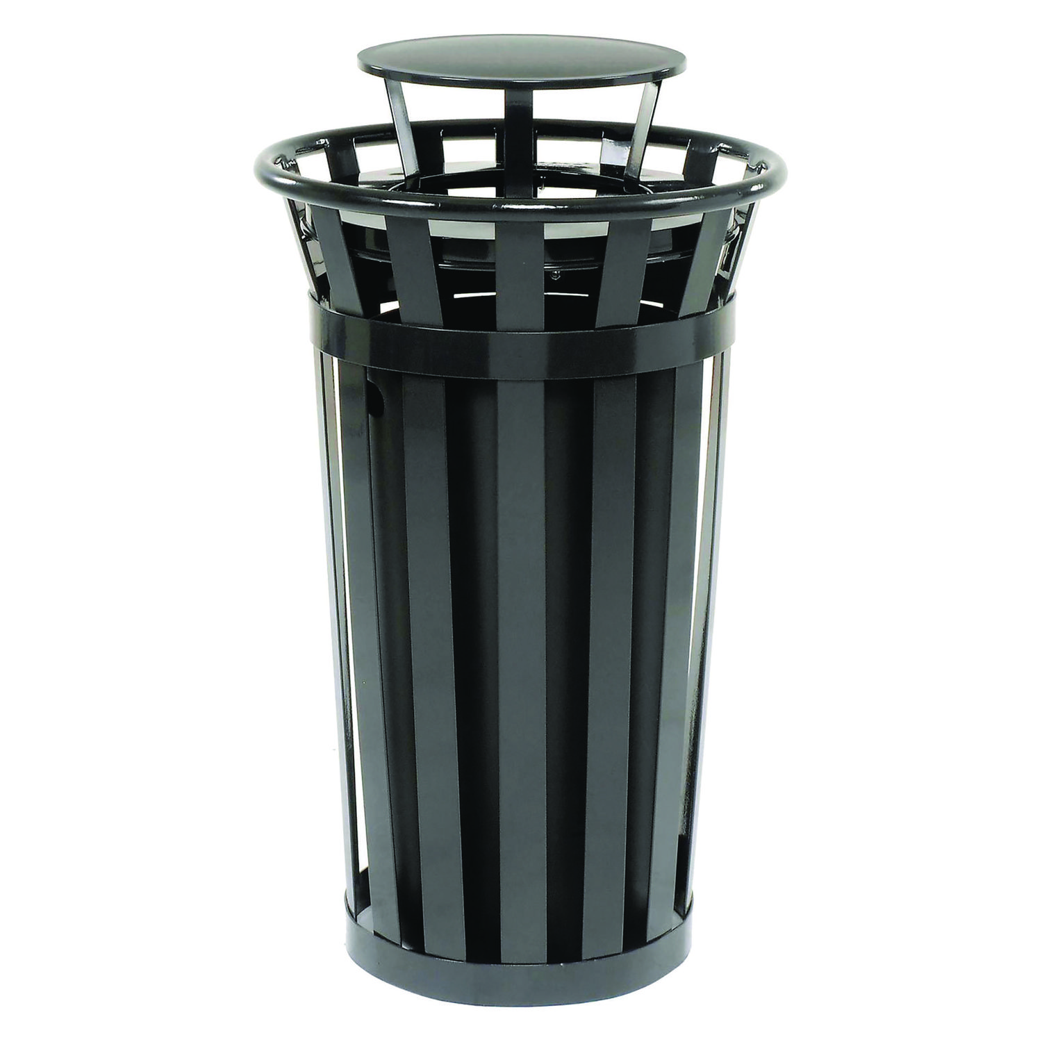 Outdoor Slatted Steel Trash Can, Rain Bonnet Lid, 24 gal, Black