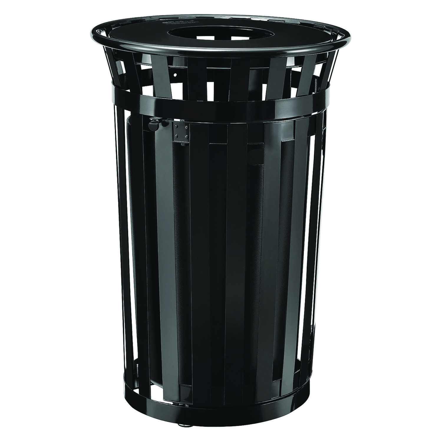 Outdoor Slatted Steel Trash Can, With Access Door, 36 gal, Steel Black