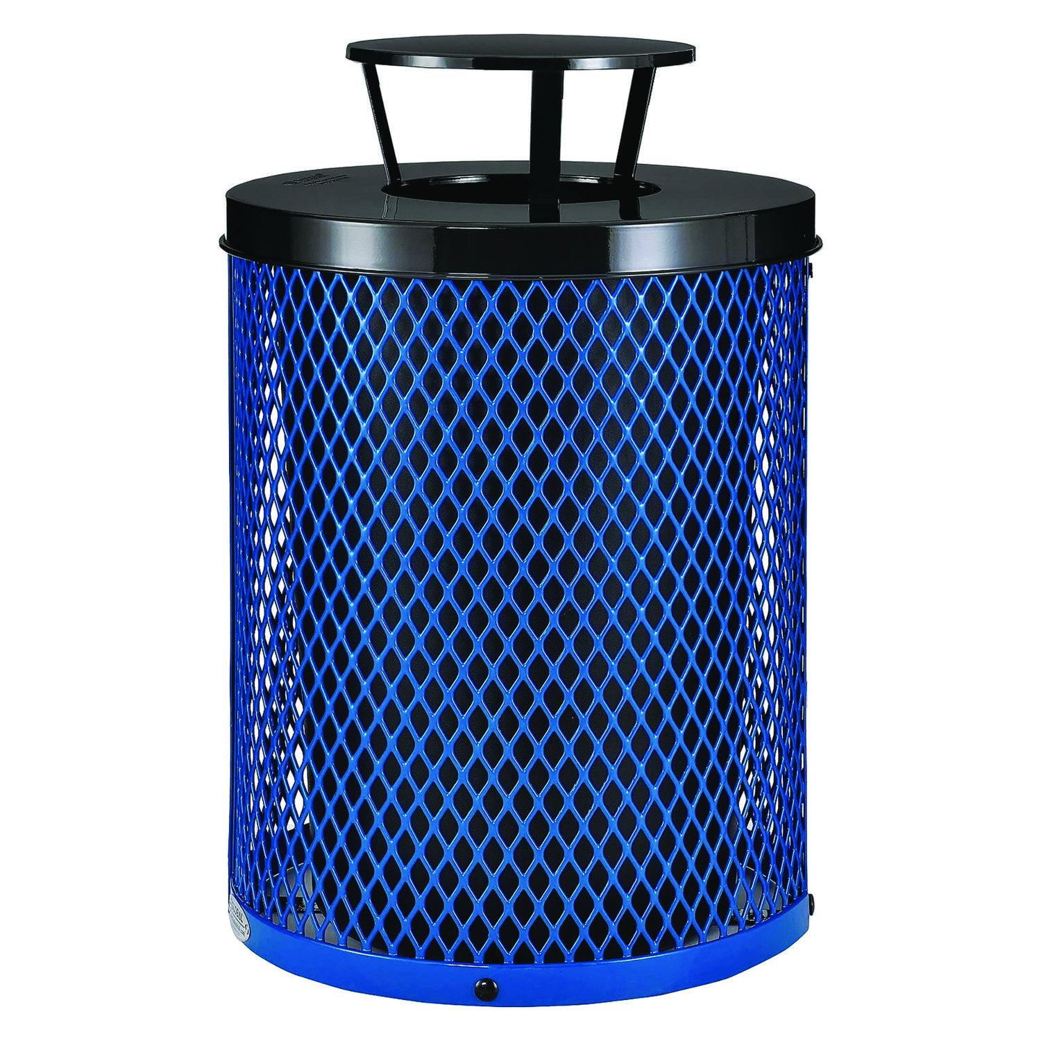 Outdoor Diamond Steel Trash Can, Rain Bonnet Lid, 36 gal, Blue