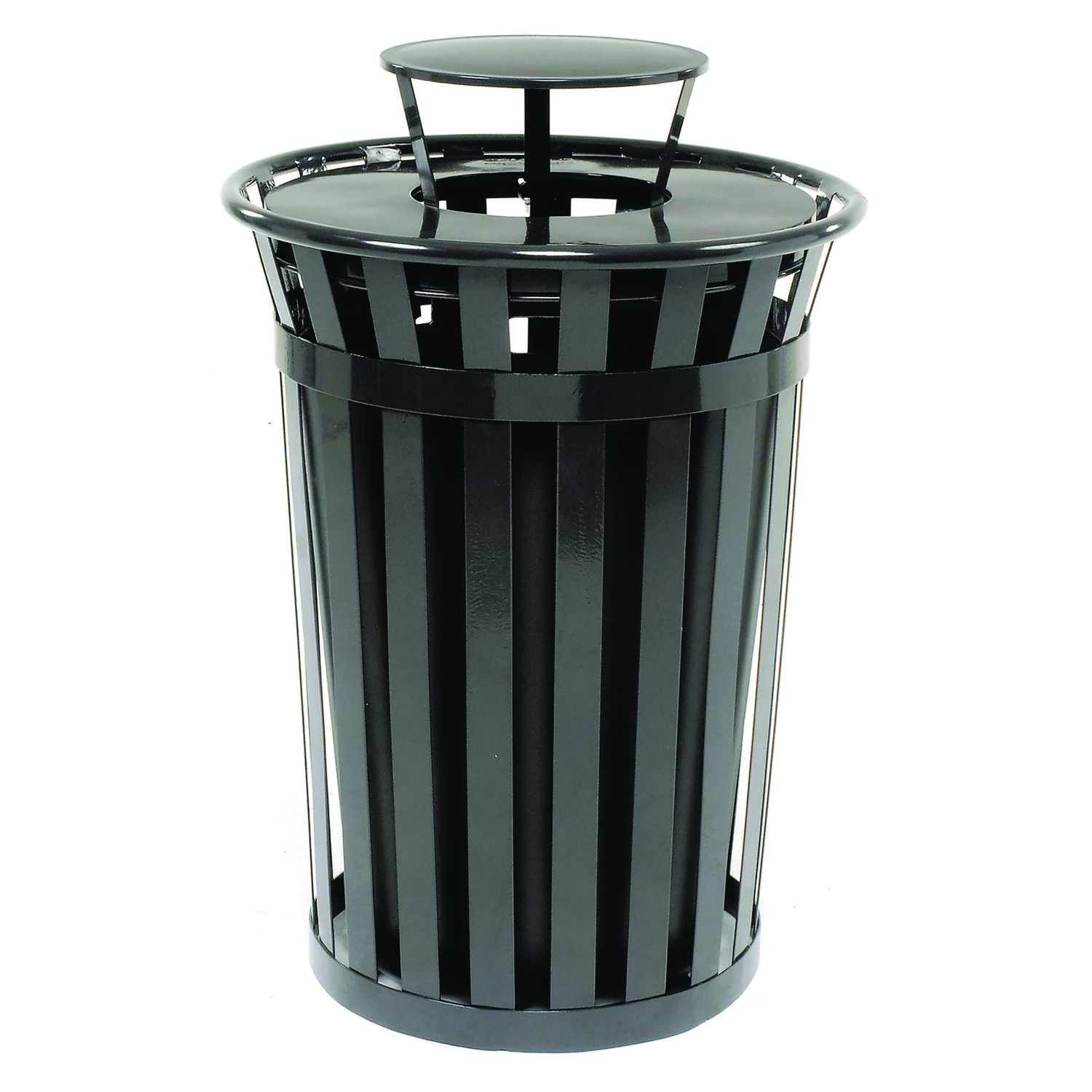 Outdoor Slatted Steel Trash Can, Rain Bonnet Lid, 36 gal, Black