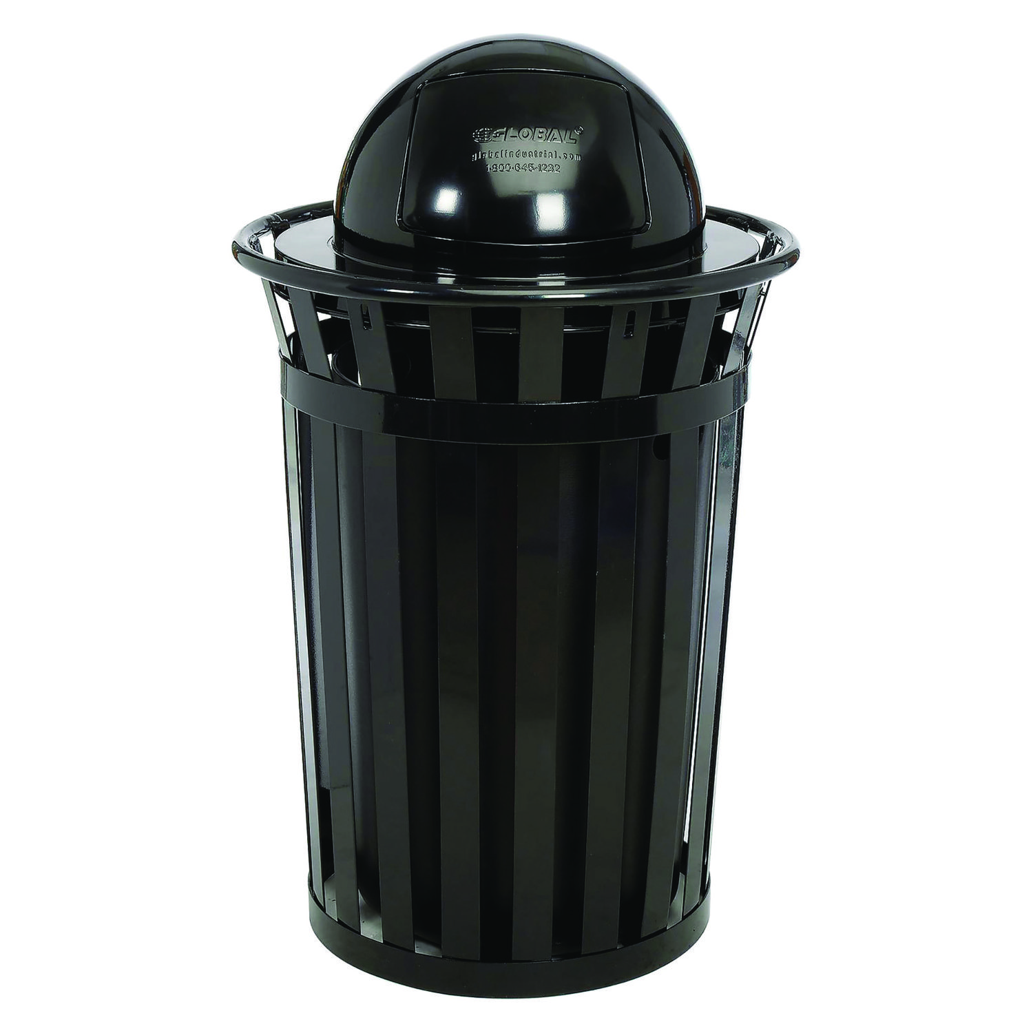 Outdoor Slatted Steel Trash Can, Dome Lid, 36 gal, Black