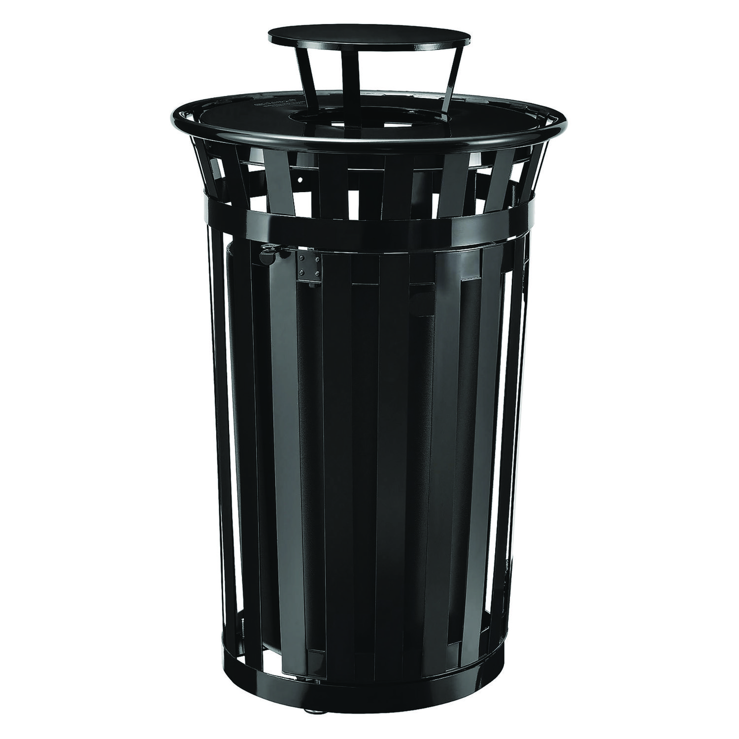 Outdoor Slatted Steel Trash Can, With Access Door and Rain Bonnet Lid, 36 gal, Black