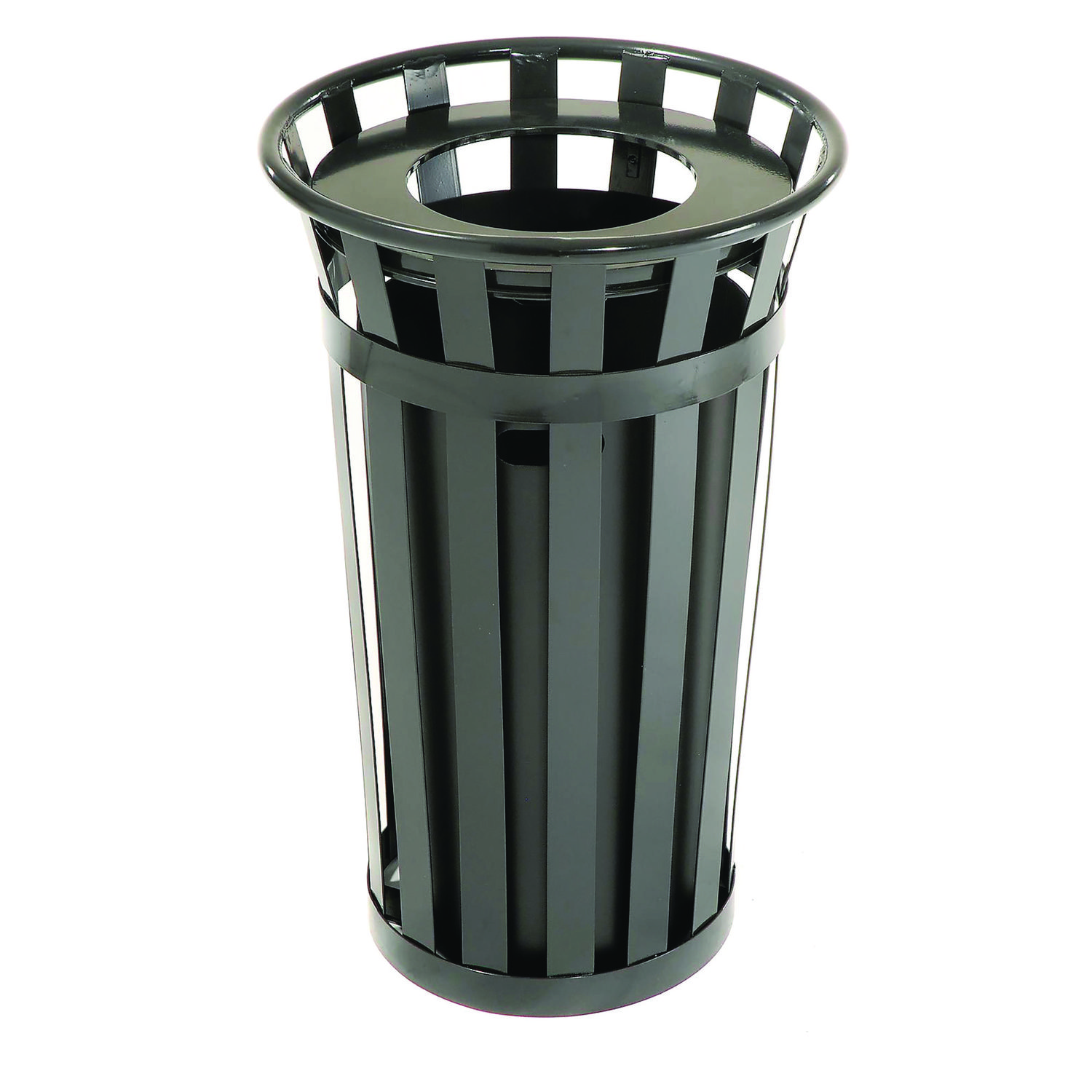 Outdoor Slatted Steel Trash Can, 24 gal, Black