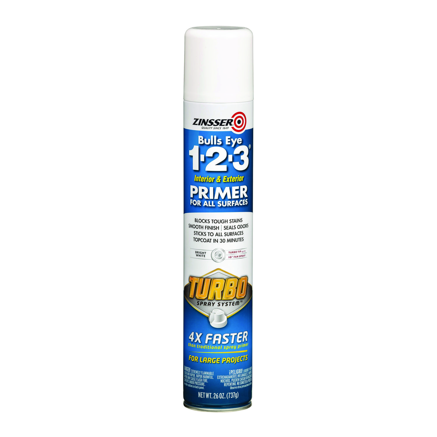 Bulls Eye 1-2-3 Primer Spray, Turbo Spray System, Interior/Exterior, Flat Bright White, 26 oz Aerosol Can, 6/Carton
