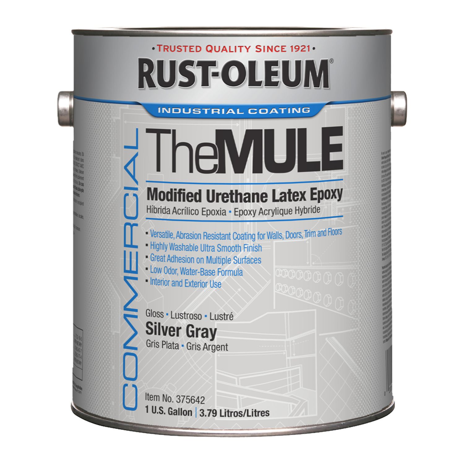 Commercial The MULE (Modified Urethane Latex Epoxy), Interior/Exterior, Gloss Silver Gray, 1 gal Bucket/Pail, 2/Carton